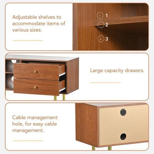 TV Benches Lowboards XXL Large Stylish TV Stand 160 cm with 2 Drawers, 2 Rattan Sliding Doors, 4 Compartments for Storage, 160 x 40 x 60 cm