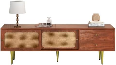 TV Benches Lowboards XXL Large Stylish TV Stand 160 cm with 2 Drawers, 2 Rattan Sliding Doors, 4 Compartments for Storage, 160 x 40 x 60 cm