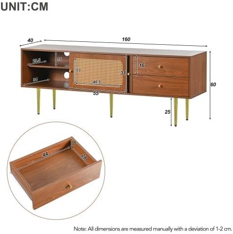 TV Benches Lowboards XXL Large Stylish TV Stand 160 cm with 2 Drawers, 2 Rattan Sliding Doors, 4 Compartments for Storage, 160 x 40 x 60 cm