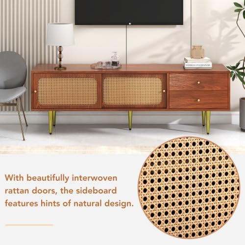 TV Benches Lowboards XXL Large Stylish TV Stand 160 cm with 2 Drawers, 2 Rattan Sliding Doors, 4 Compartments for Storage, 160 x 40 x 60 cm