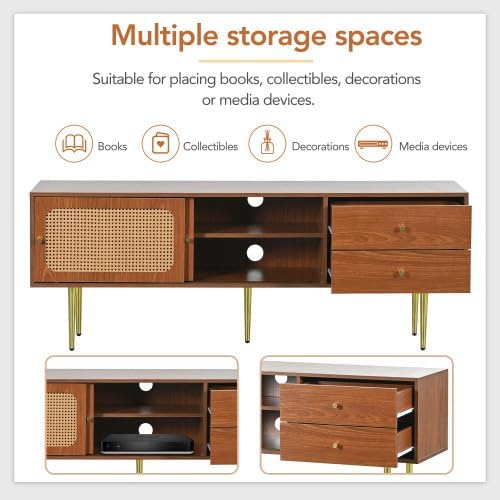TV Benches Lowboards XXL Large Stylish TV Stand 160 cm with 2 Drawers, 2 Rattan Sliding Doors, 4 Compartments for Storage, 160 x 40 x 60 cm