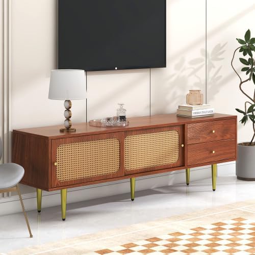 TV Benches Lowboards XXL Large Stylish TV Stand 160 cm with 2 Drawers, 2 Rattan Sliding Doors, 4 Compartments for Storage, 160 x 40 x 60 cm