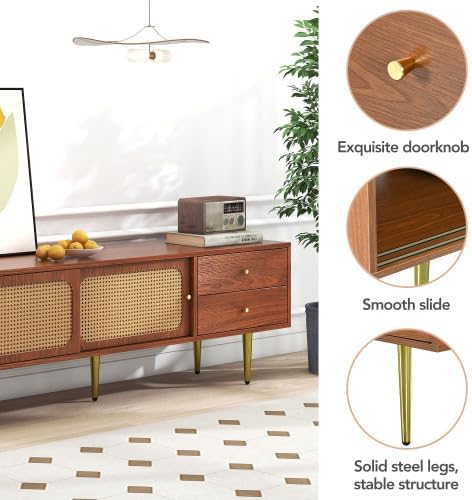 TV Benches Lowboards XXL Large Stylish TV Stand 160 cm with 2 Drawers, 2 Rattan Sliding Doors, 4 Compartments for Storage, 160 x 40 x 60 cm