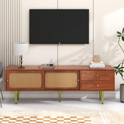 TV Benches Lowboards XXL Large Stylish TV Stand 160 cm with 2 Drawers, 2 Rattan Sliding Doors, 4 Compartments for Storage, 160 x 40 x 60 cm