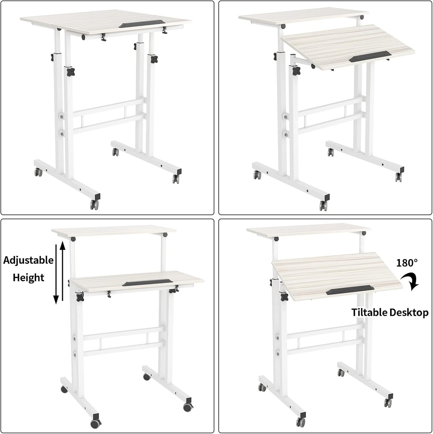 Height-adjustable desk, mobile computer desk, laptop table with wheels, standing table, notebook table, standing table, rolling table, workstation for drawing, writing, painting,