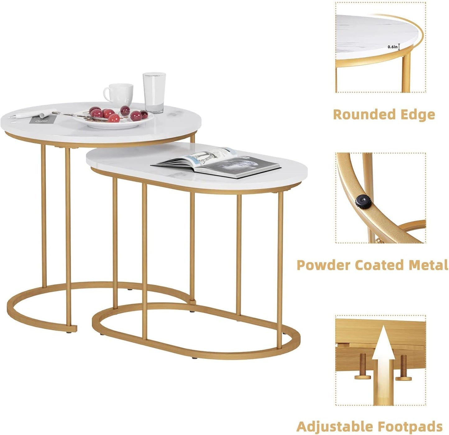 Set of 2 Coffee Tables for Living Room, Side Table Set, Living Room Table, Bedside Table, Plant Table with Metal Frame, Easy Assembly