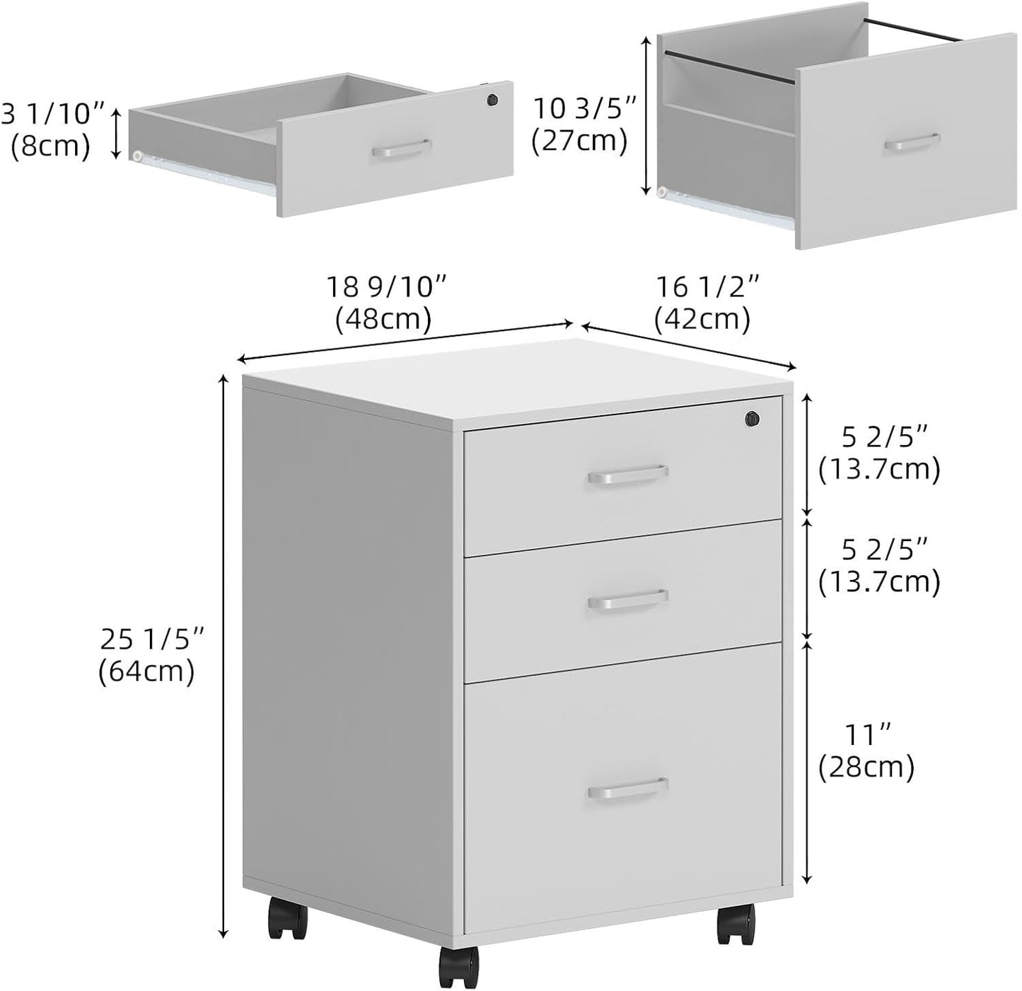 Filing Cabinet on Wheels Mobile Rolling Container Office Cabinet Lockable Office Container with 3 Drawers Office Furniture White Desk Container Home Office