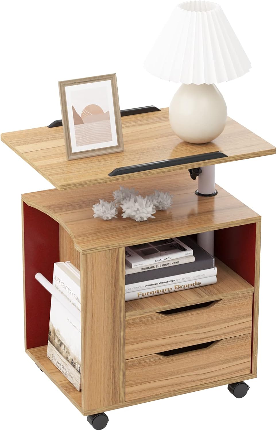 Order Table Bedside Table Height Adjustable Bedroom Furniture Chest of Drawers Storage Cabinet with Swivel Shelf Lockable Universal Wheels