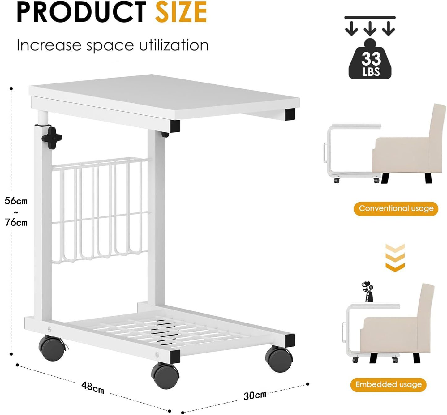 Laptop Table, Side Table, Height Adjustable Table with Wheels, 48 cm x 30 cm, PC Table, Notebook, Sofa Table, Side Table for Coffee/Snack/Storage, Side Table for Home