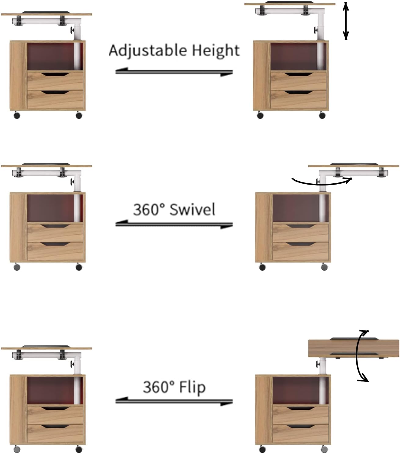 Order Table Bedside Table Height Adjustable Bedroom Furniture Chest of Drawers Storage Cabinet with Swivel Shelf Lockable Universal Wheels