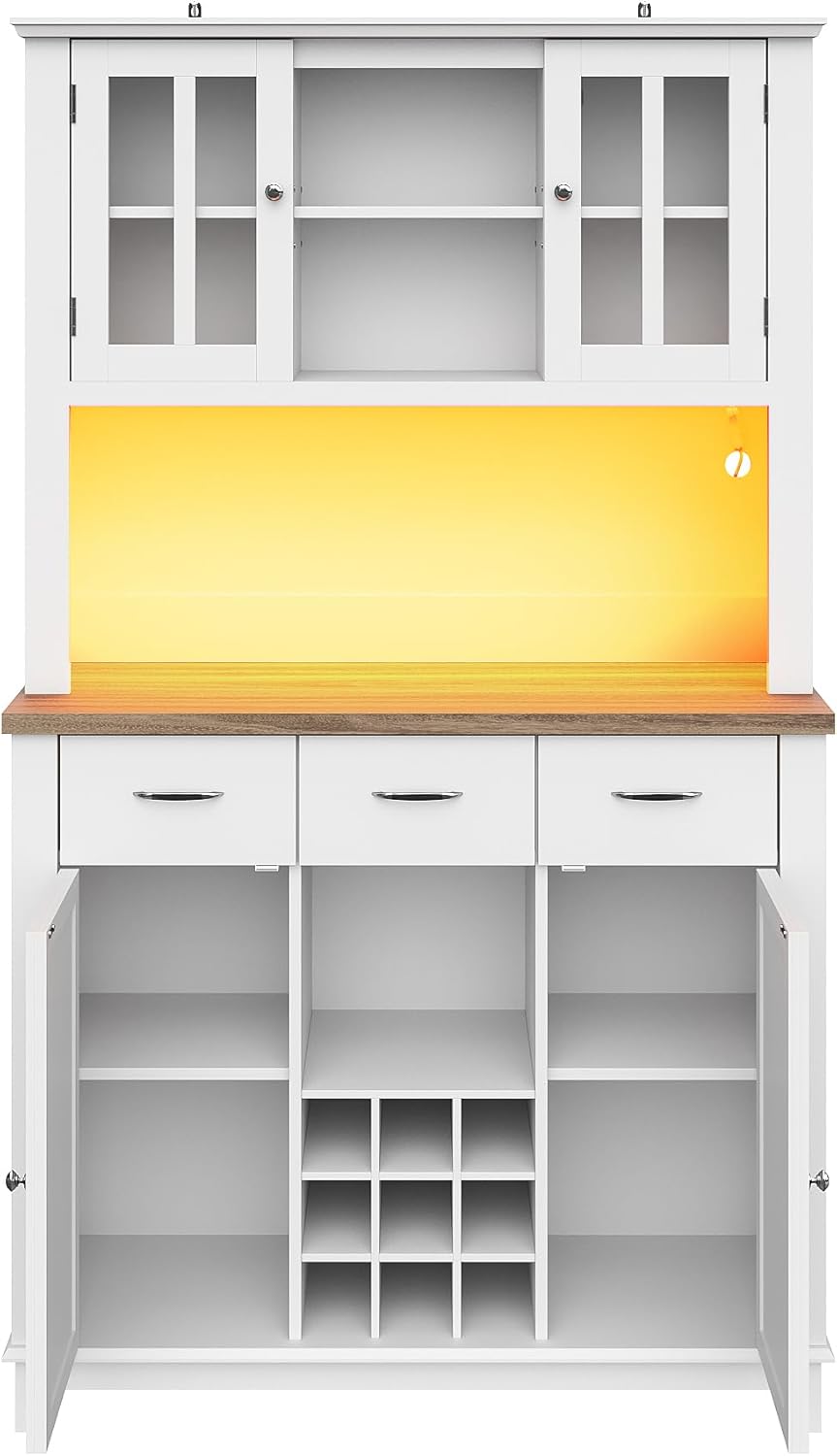 Kitchen Cabinet Tall Cabinet Kitchen Buffet Cabinet Sideboard with Wine Rack Drawers LED Lighting 106 x 40 x 179.5 cm