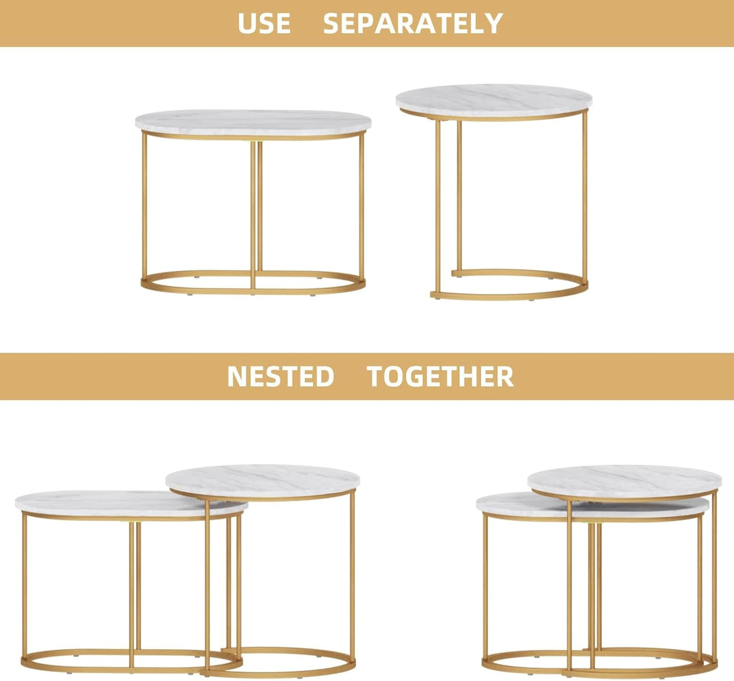 Set of 2 Coffee Tables for Living Room, Side Table Set, Living Room Table, Bedside Table, Plant Table with Metal Frame, Easy Assembly