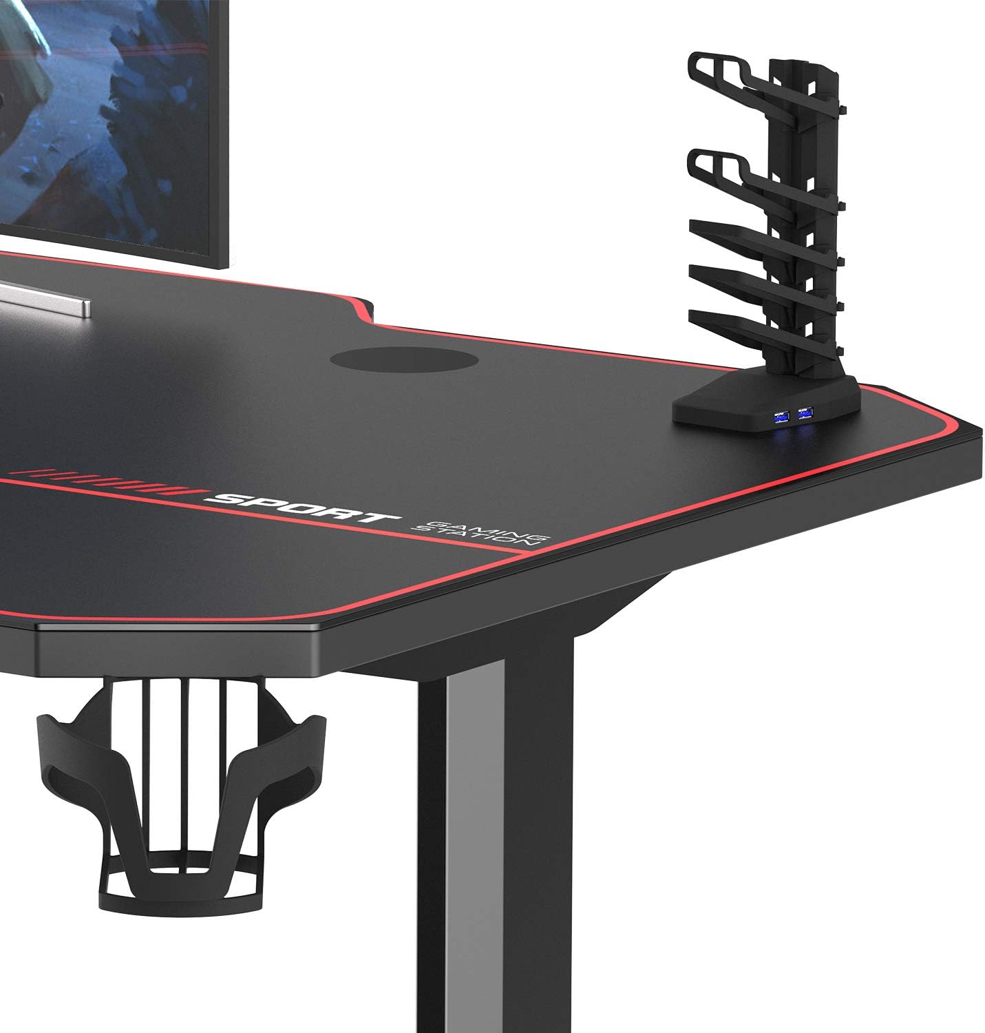 Gaming Desk 140 x 60 Cm, Computer Desk in T-Shape, Office, PC, Computer, Robust Table with Mouse Mat, Cup Holder and Headphone Hook, ST-140BK-SH