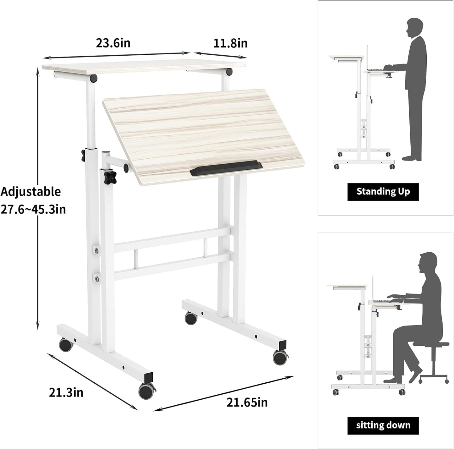 Height-adjustable desk, mobile computer desk, laptop table with wheels, standing table, notebook table, standing table, rolling table, workstation for drawing, writing, painting,