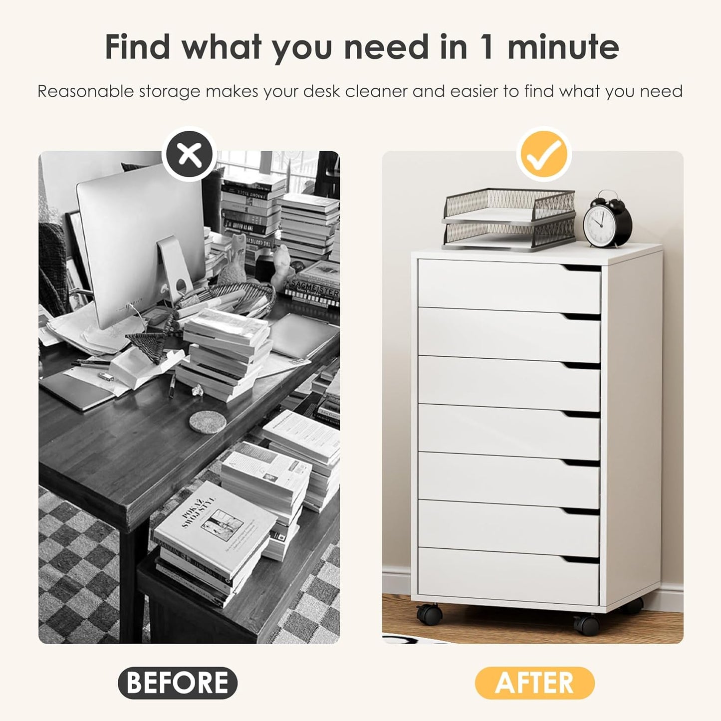 Filing Cabinet Rolling Container Office Cabinet Storage Cabinet Made of Wood on Wheels with Drawers for A4, Legal, Letter Format for Office and Home