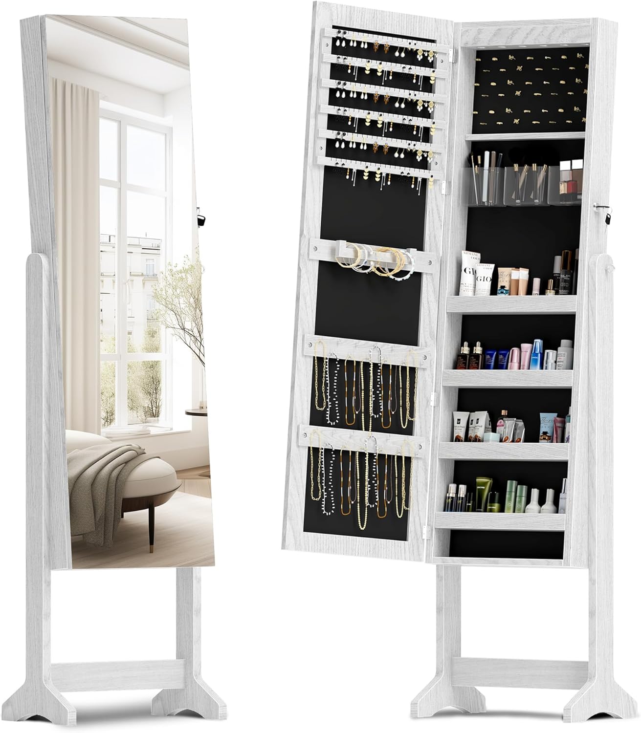 SH-QH-6150-W Jewellery Cabinet, Mirror Cabinet, Freestanding, Lockable, Full Length Mirror, Mirrored Jewellery Cabinet, Angle Adjustable, for Rings, Earrings, Bracelets, Brooches, White