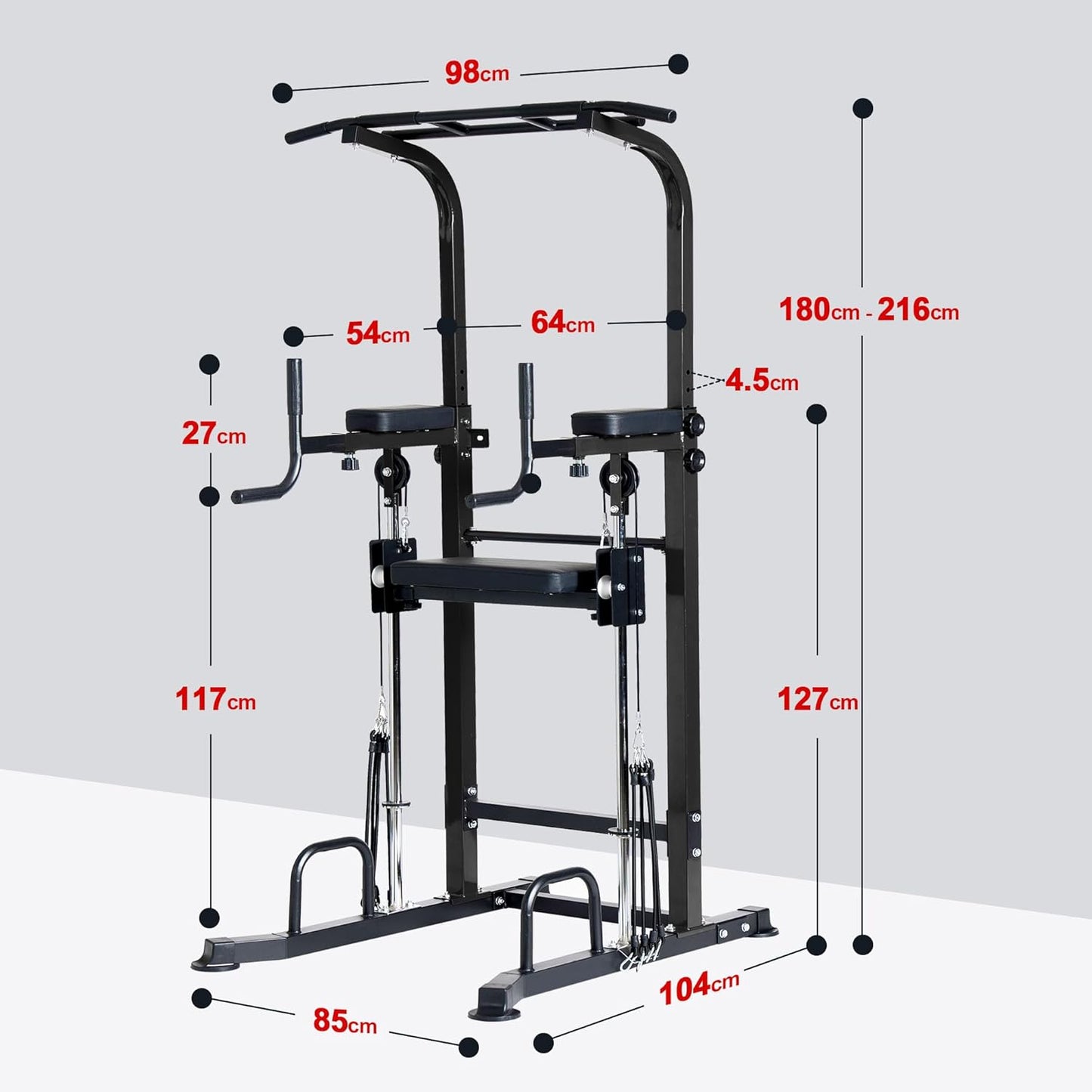 Dip Station Power Tower Pull-Up Bar with Armrest Backrest and Exercise Aid for Home Strength Training, 10 Levels, Height Adjustable, Capacity 200 kg