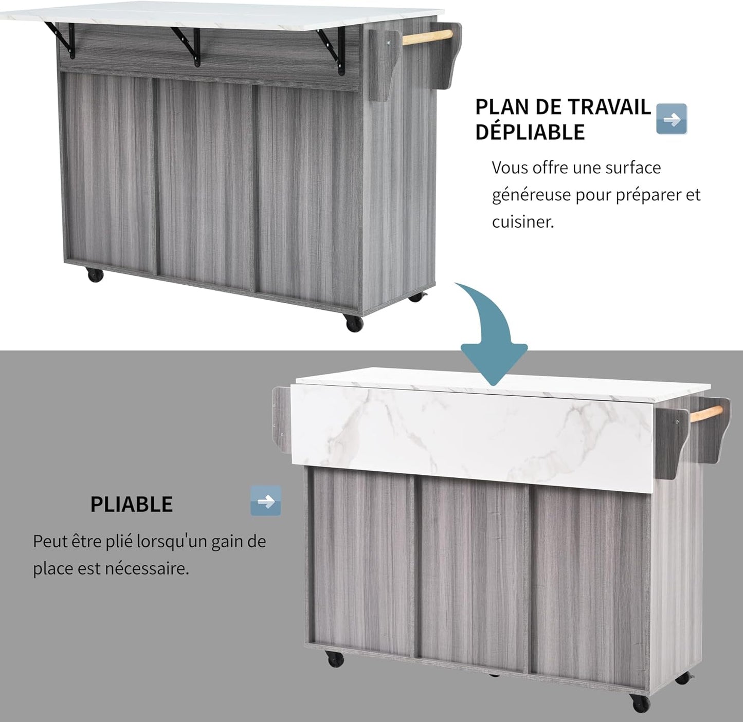 Kitchen Island Movable on 5 Wheels, Large Kitchen Trolley Serving Trolley with Folding Worktop, 3 Drawers, 6 Storage Spaces, 2 Storage Doors, Interchangeable Solid Wood Feet for Dining Room,