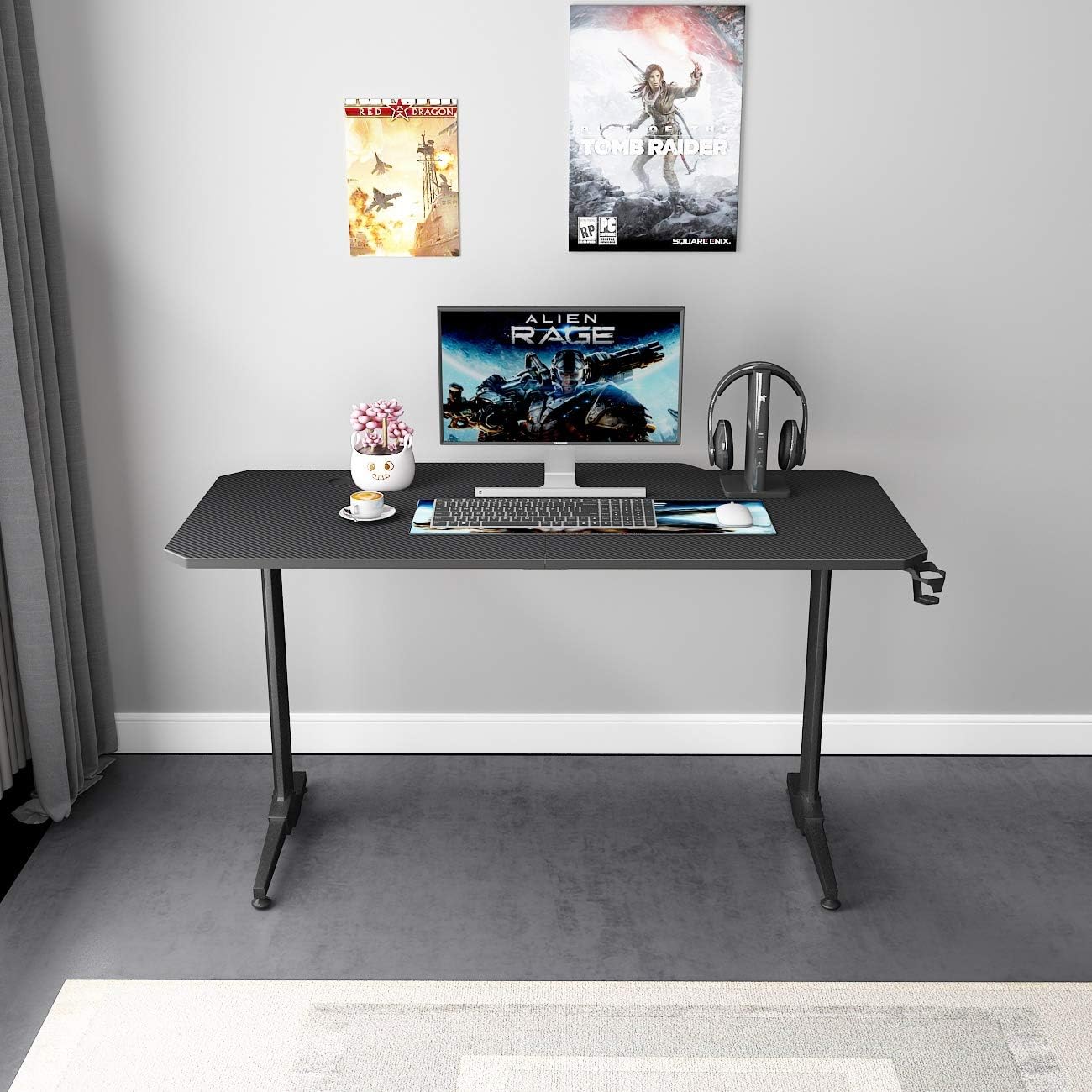 Gaming Desk 140 x 60 Cm, Computer Desk in T-Shape, Office, PC, Computer, Robust Table with Mouse Mat, Cup Holder and Headphone Hook, ST-140BK-SH