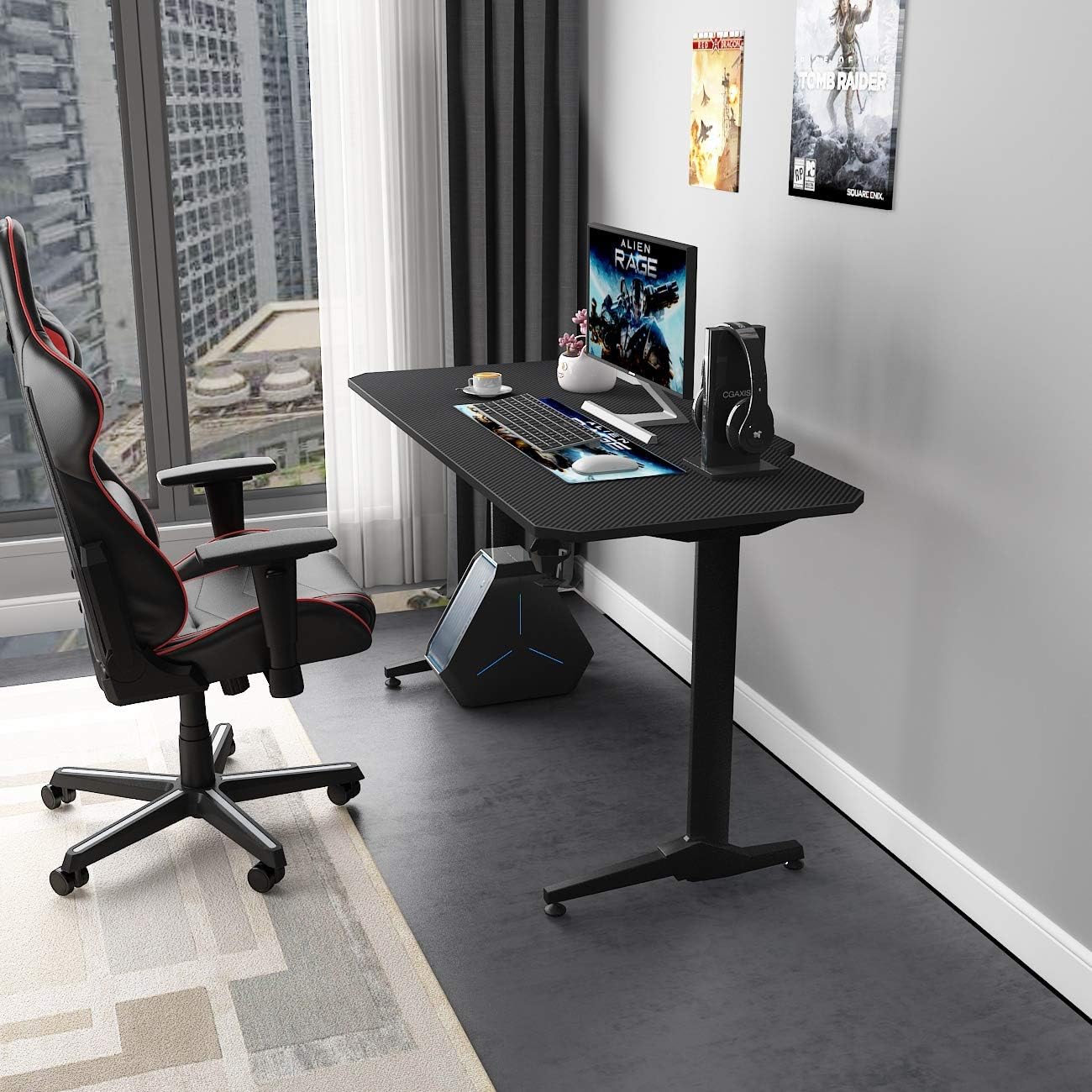 Gaming Desk 140 x 60 Cm, Computer Desk in T-Shape, Office, PC, Computer, Robust Table with Mouse Mat, Cup Holder and Headphone Hook, ST-140BK-SH
