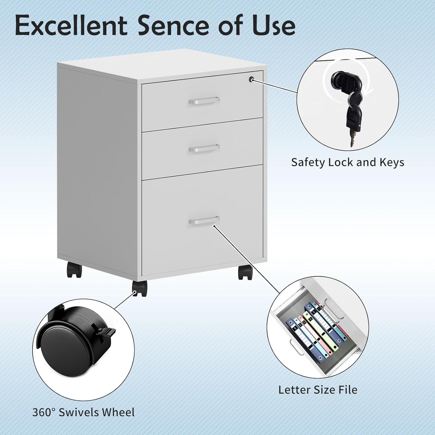Filing Cabinet on Wheels Mobile Rolling Container Office Cabinet Lockable Office Container with 3 Drawers Office Furniture White Desk Container Home Office