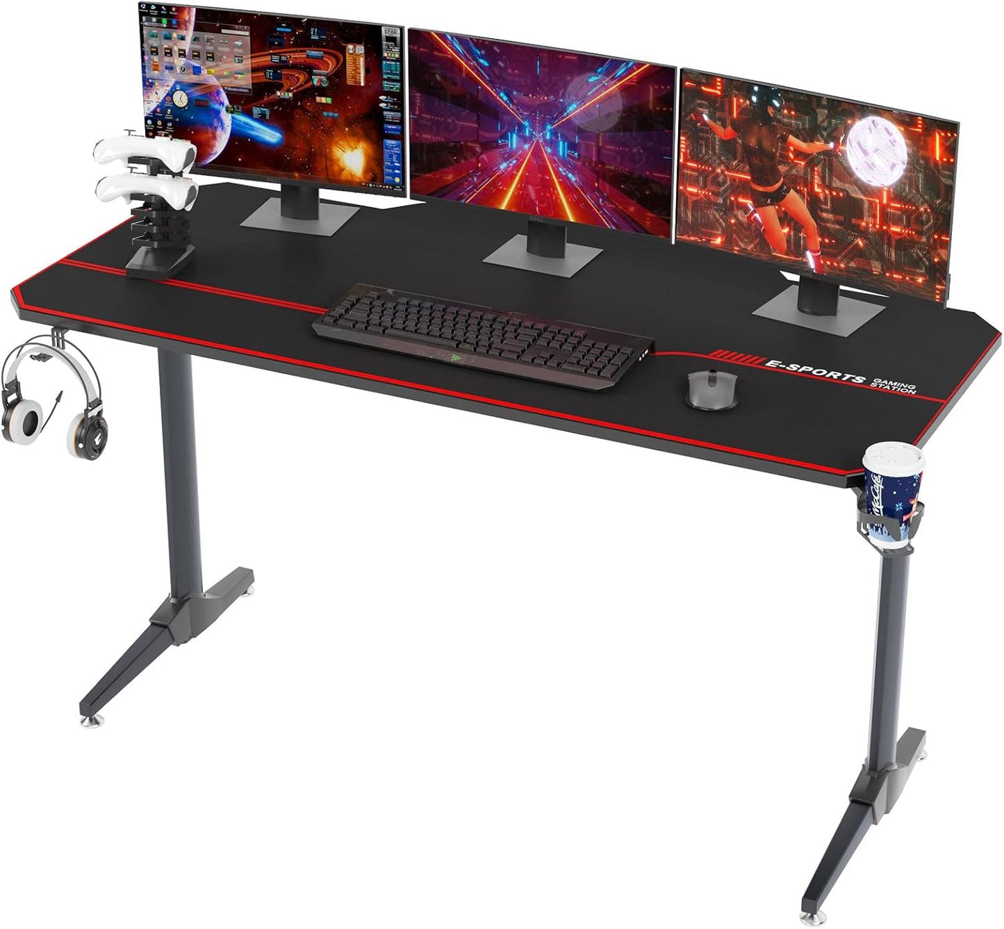 Gaming Desk 140 x 60 Cm, Computer Desk in T-Shape, Office, PC, Computer, Robust Table with Mouse Mat, Cup Holder and Headphone Hook, ST-140BK-SH