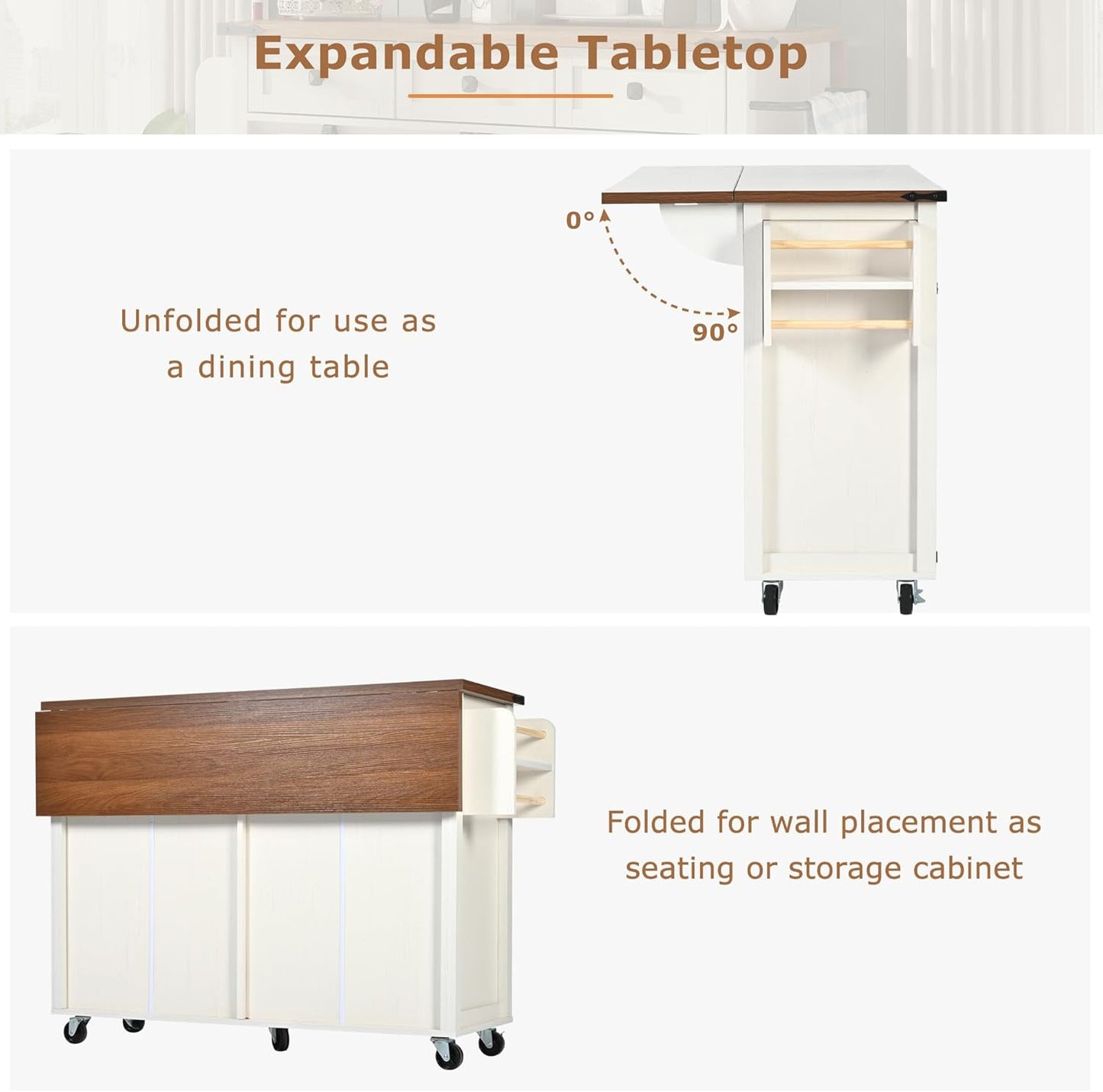 Kitchen Island Serving Trolley with Extendable Worktop, Movable Kitchen Cabinet, Kitchen Trolley, Kitchen Island Trolley, Dining Trolley with 2 Drawers and 4 Doors