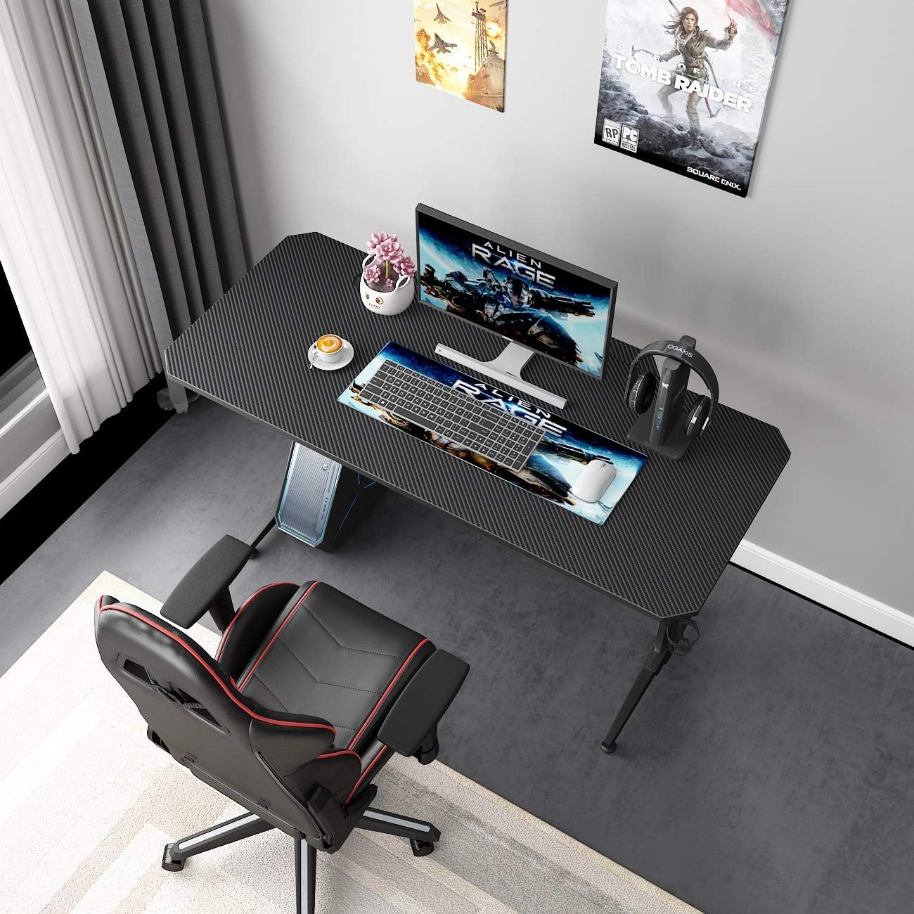 Gaming Desk 140 x 60 Cm, Computer Desk in T-Shape, Office, PC, Computer, Robust Table with Mouse Mat, Cup Holder and Headphone Hook, ST-140BK-SH