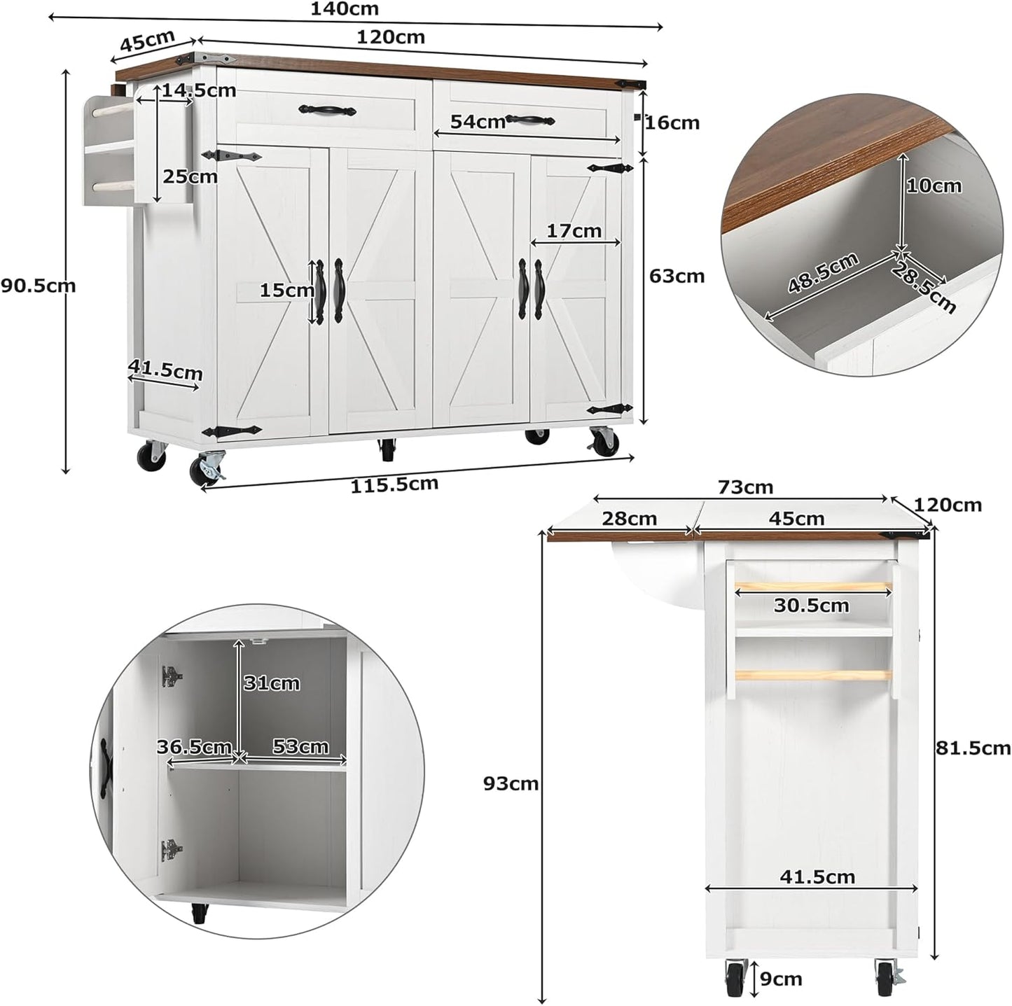 Kitchen Island Serving Trolley with Extendable Worktop, Movable Kitchen Cabinet, Kitchen Trolley, Kitchen Island Trolley, Dining Trolley with 2 Drawers and 4 Doors