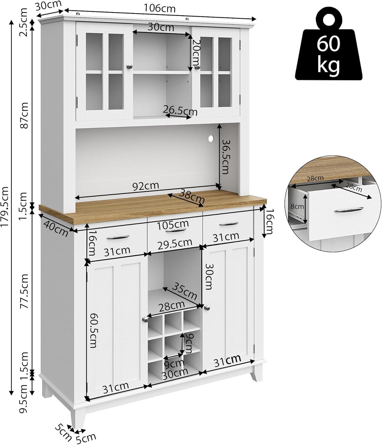 Kitchen Cabinet Tall Cabinet Kitchen Buffet Cabinet Sideboard with Wine Rack Drawers LED Lighting 106 x 40 x 179.5 cm