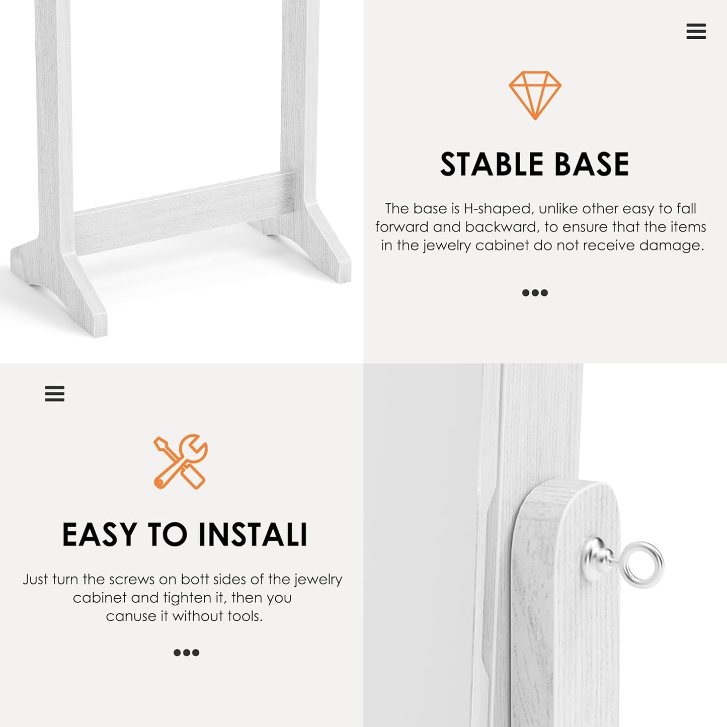SH-QH-6150-W Jewellery Cabinet, Mirror Cabinet, Freestanding, Lockable, Full Length Mirror, Mirrored Jewellery Cabinet, Angle Adjustable, for Rings, Earrings, Bracelets, Brooches, White