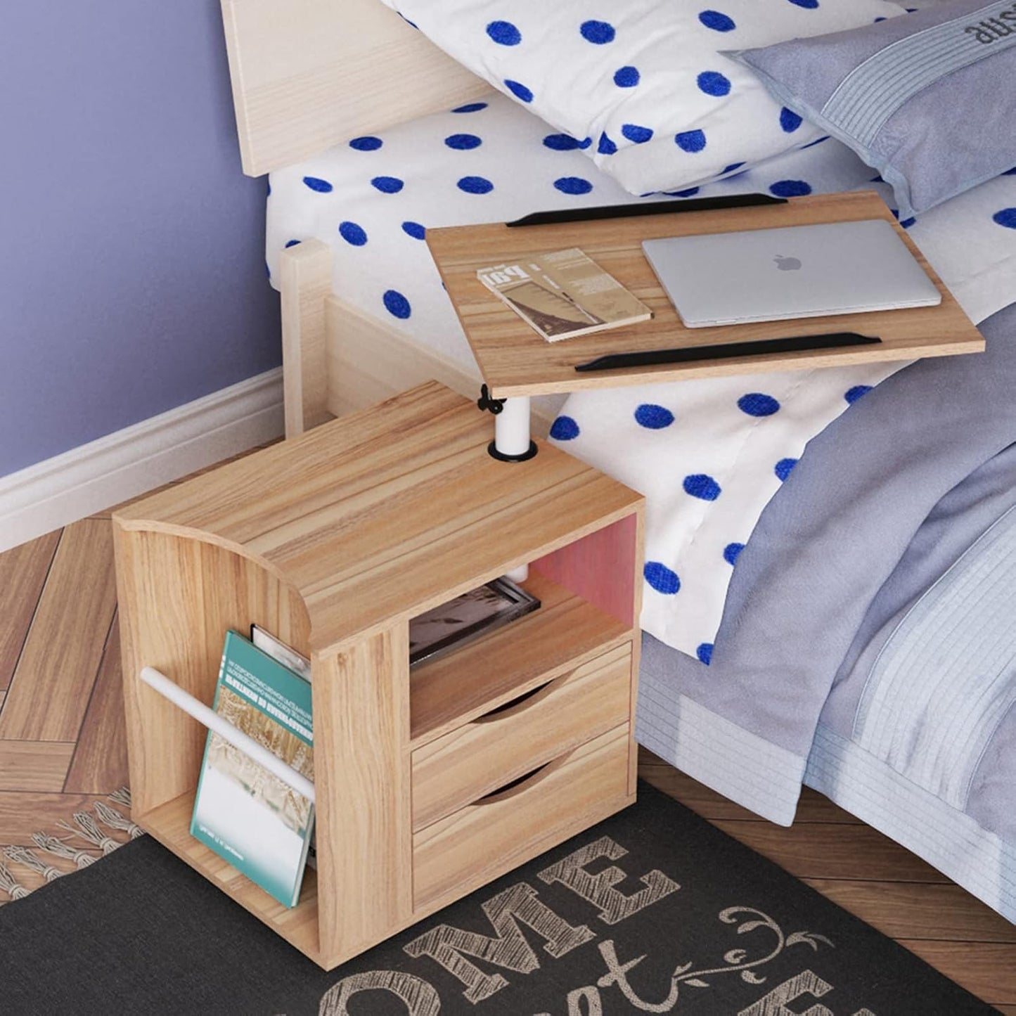 Order Table Bedside Table Height Adjustable Bedroom Furniture Chest of Drawers Storage Cabinet with Swivel Shelf Lockable Universal Wheels