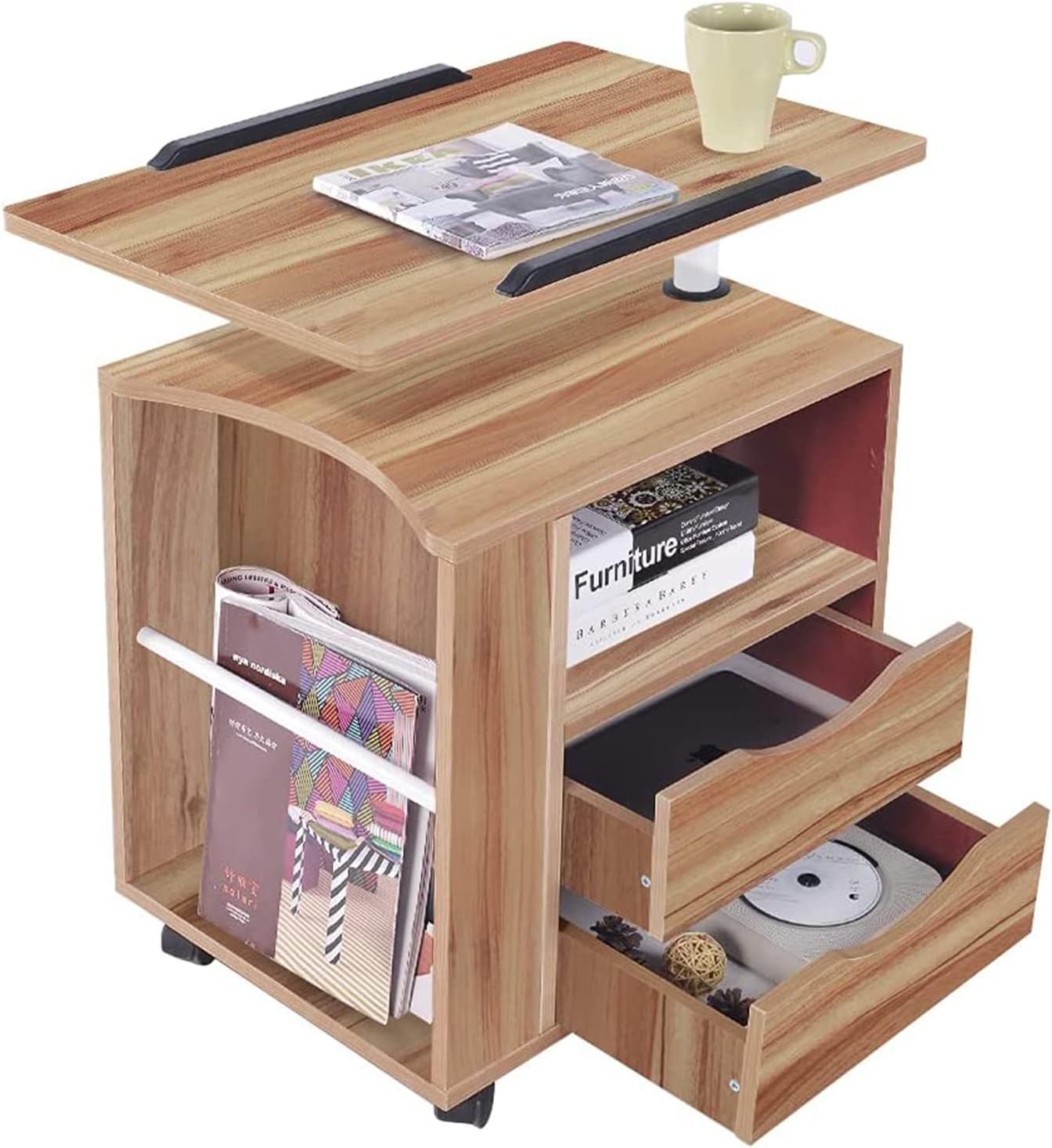 Order Table Bedside Table Height Adjustable Bedroom Furniture Chest of Drawers Storage Cabinet with Swivel Shelf Lockable Universal Wheels