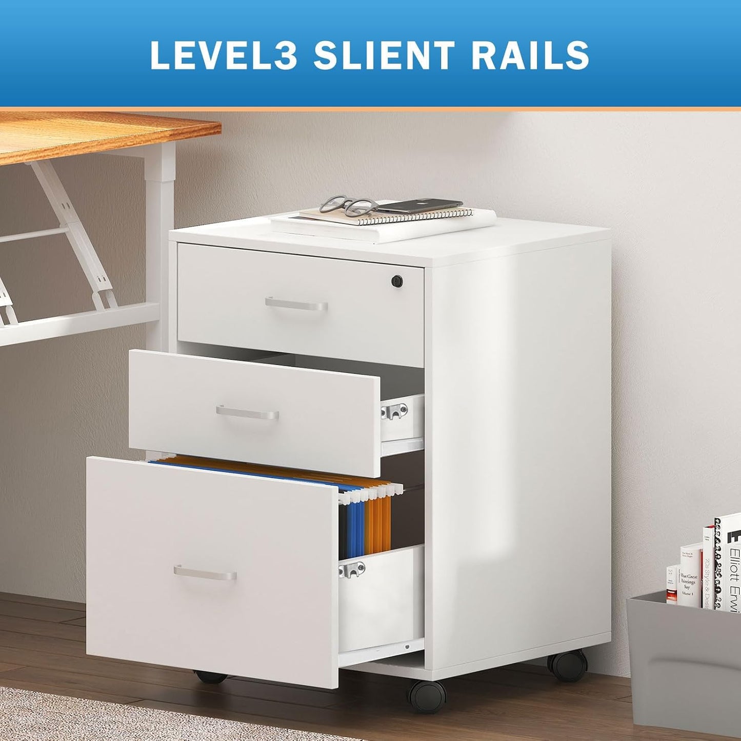 Filing Cabinet on Wheels Mobile Rolling Container Office Cabinet Lockable Office Container with 3 Drawers Office Furniture White Desk Container Home Office