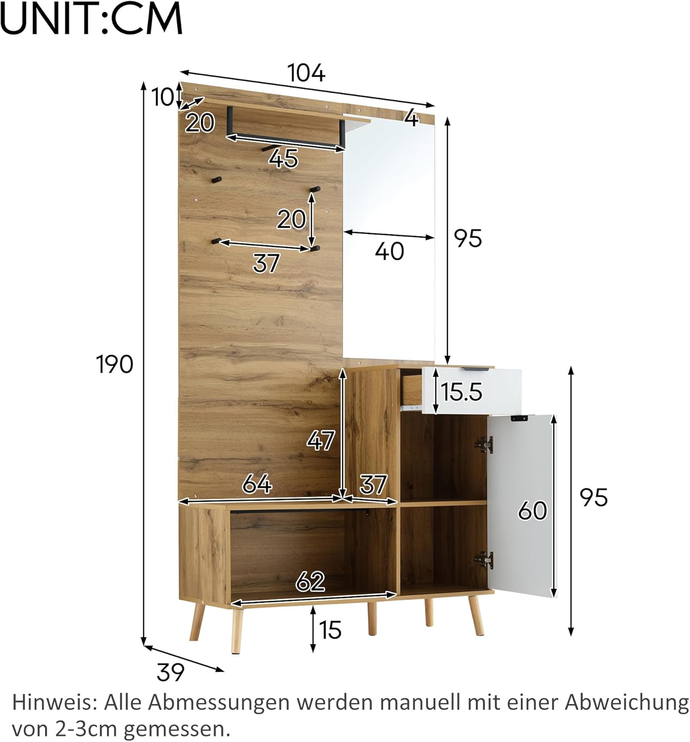 Wardrobe Set, Hallway Coat Rack with Padded Storage Bench, Shoe Cabinet with Pegboard, 4 Hooks for Hallway, Entrance Area, 100 x 35 x 180 cm (Teak White)