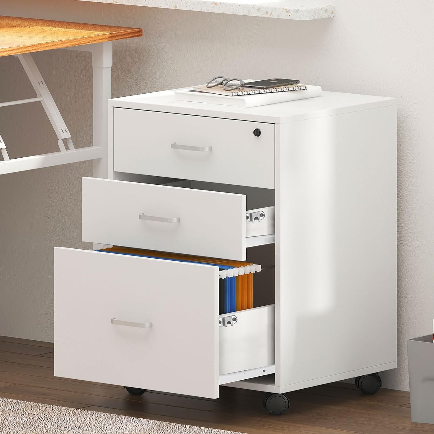 Filing Cabinet on Wheels Mobile Rolling Container Office Cabinet Lockable Office Container with 3 Drawers Office Furniture White Desk Container Home Office