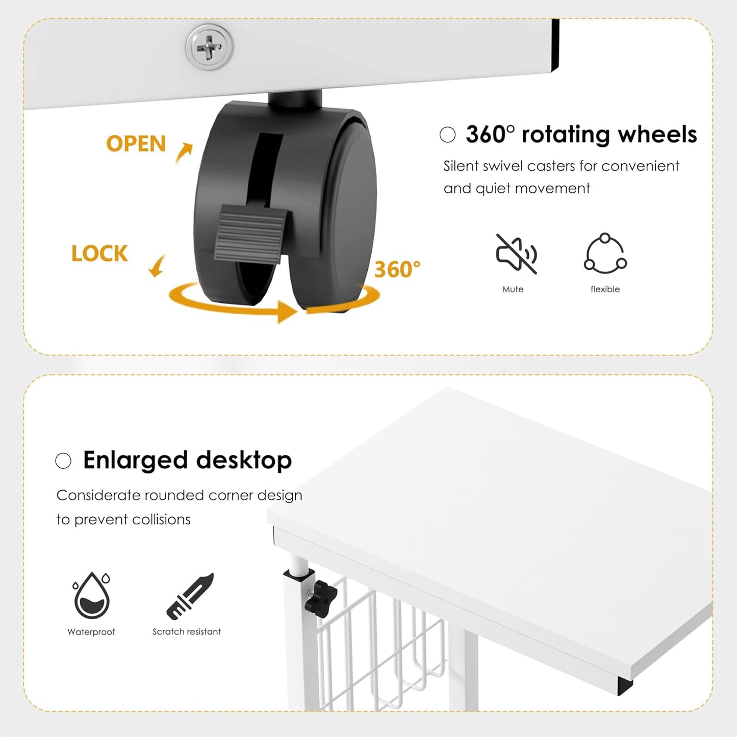 Laptop Table, Side Table, Height Adjustable Table with Wheels, 48 cm x 30 cm, PC Table, Notebook, Sofa Table, Side Table for Coffee/Snack/Storage, Side Table for Home