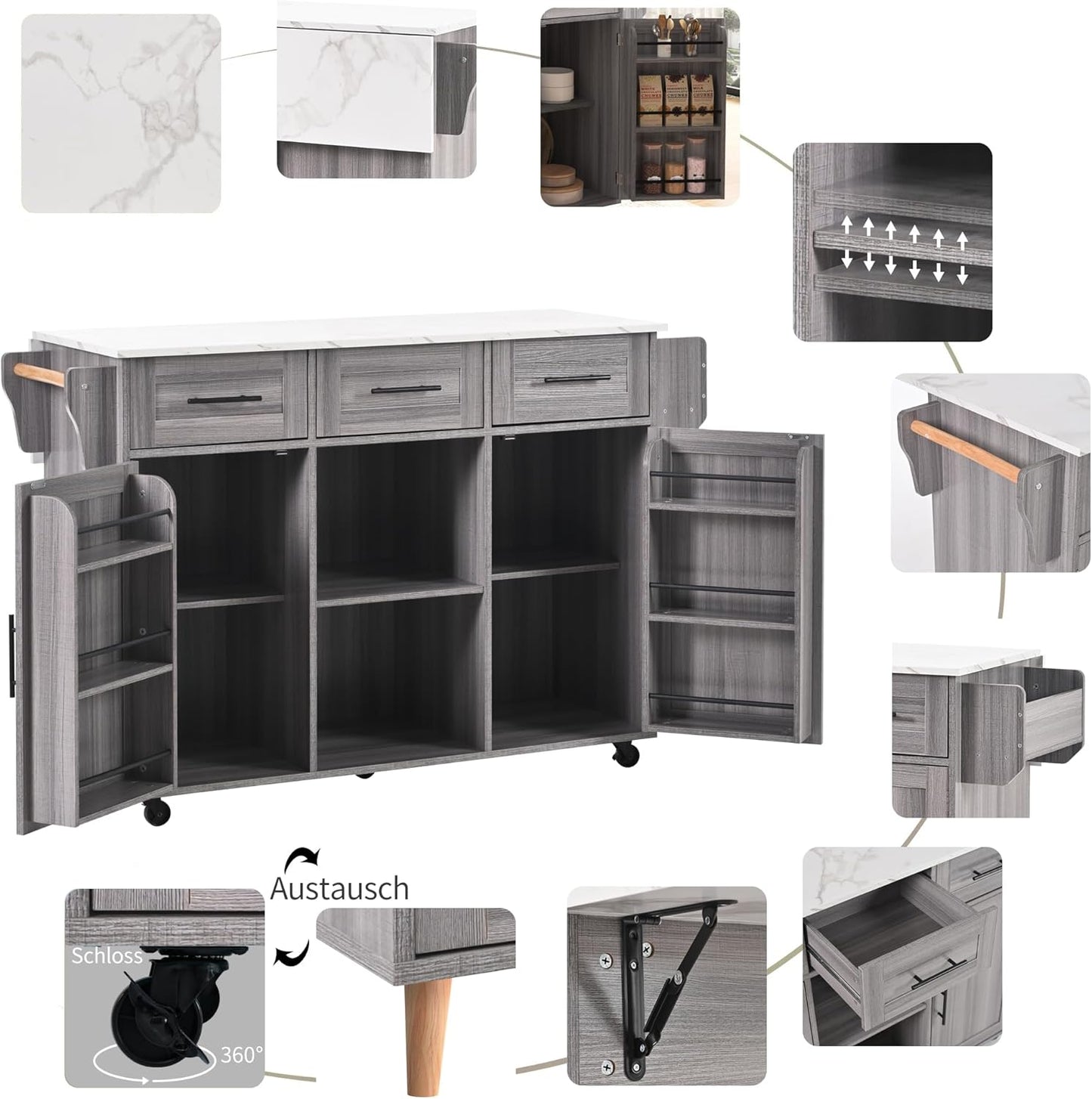Kitchen Island Movable on 5 Wheels, Large Kitchen Trolley Serving Trolley with Folding Worktop, 3 Drawers, 6 Storage Spaces, 2 Storage Doors, Interchangeable Solid Wood Feet for Dining Room,