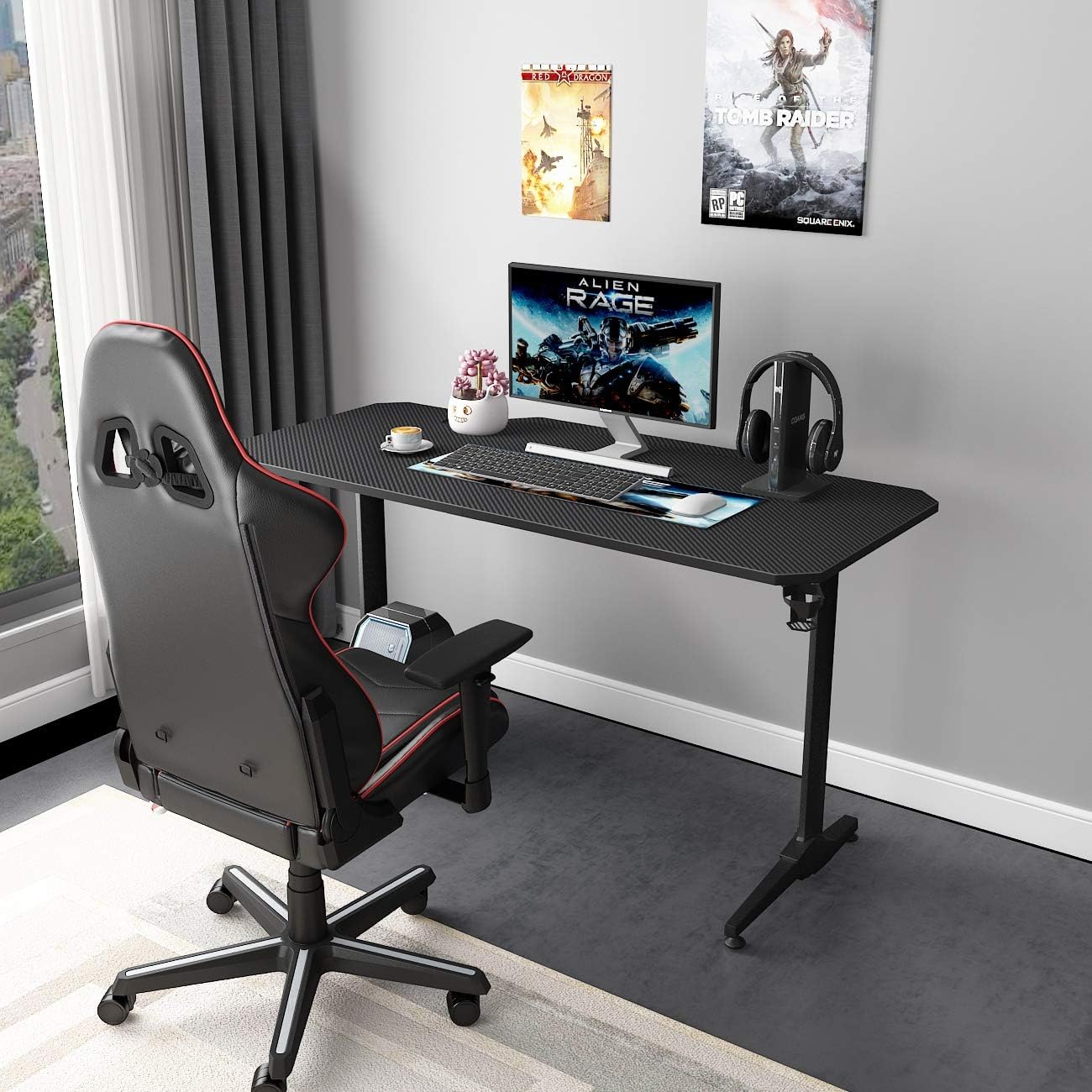 Gaming Desk 140 x 60 Cm, Computer Desk in T-Shape, Office, PC, Computer, Robust Table with Mouse Mat, Cup Holder and Headphone Hook, ST-140BK-SH