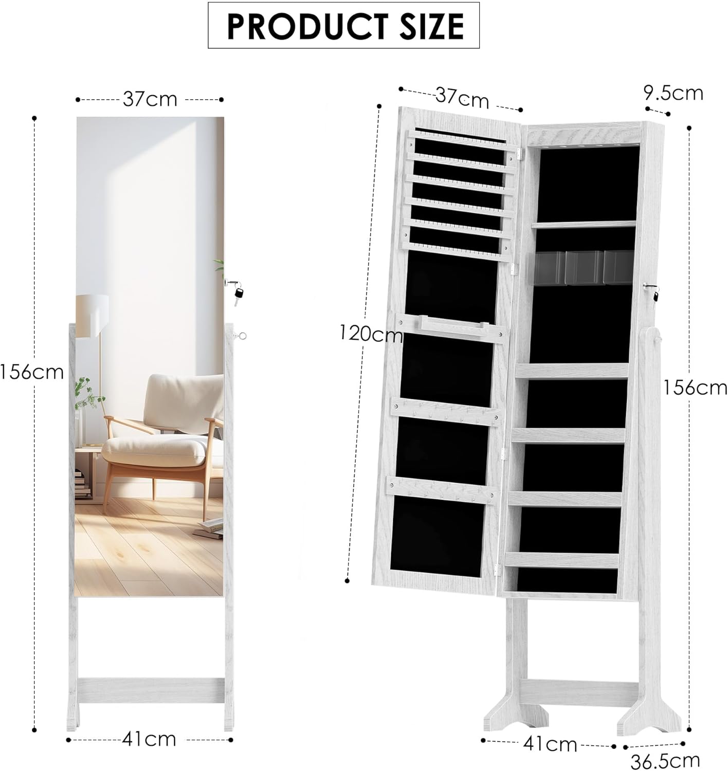 SH-QH-6150-W Jewellery Cabinet, Mirror Cabinet, Freestanding, Lockable, Full Length Mirror, Mirrored Jewellery Cabinet, Angle Adjustable, for Rings, Earrings, Bracelets, Brooches, White