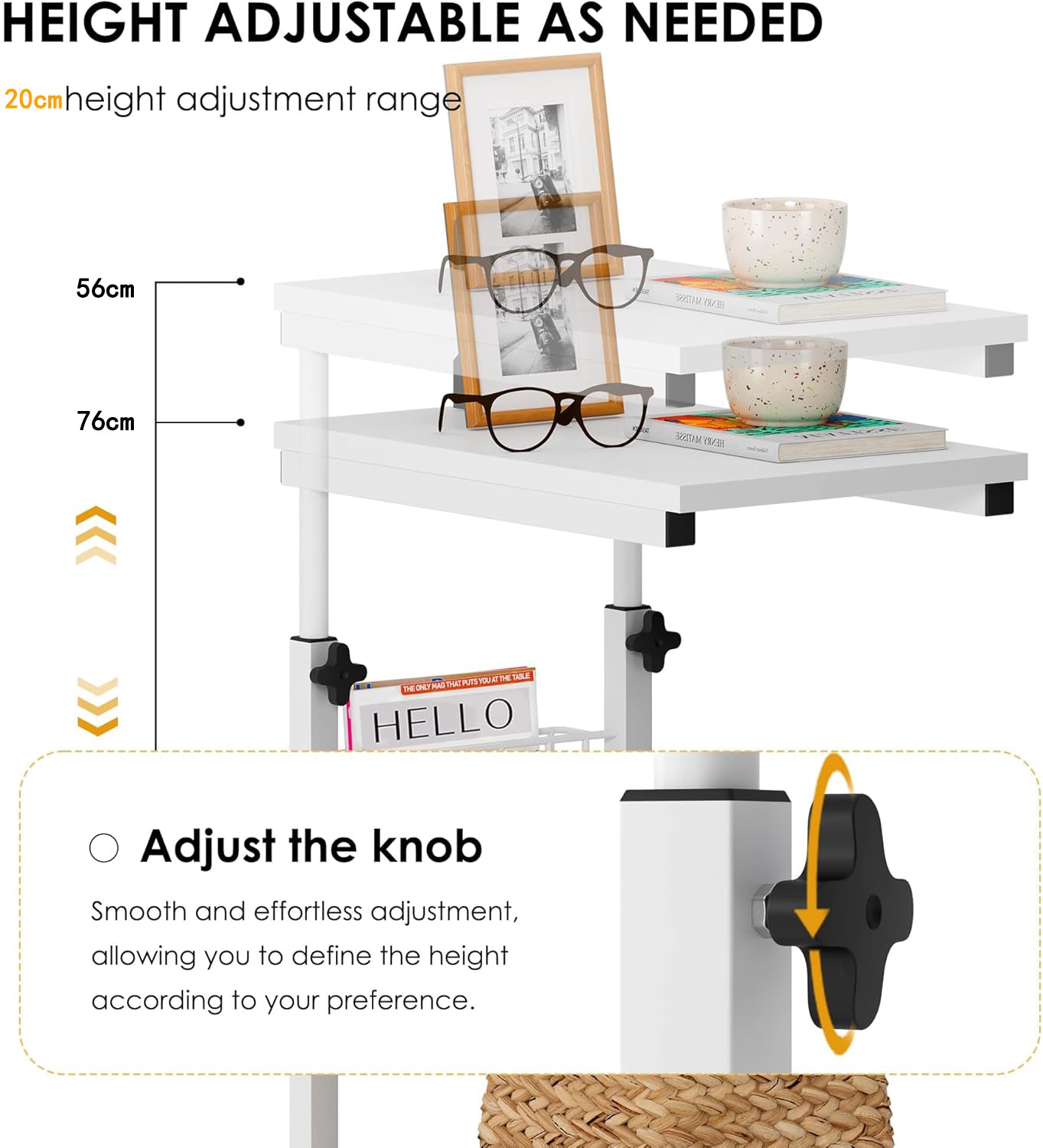 Laptop Table, Side Table, Height Adjustable Table with Wheels, 48 cm x 30 cm, PC Table, Notebook, Sofa Table, Side Table for Coffee/Snack/Storage, Side Table for Home