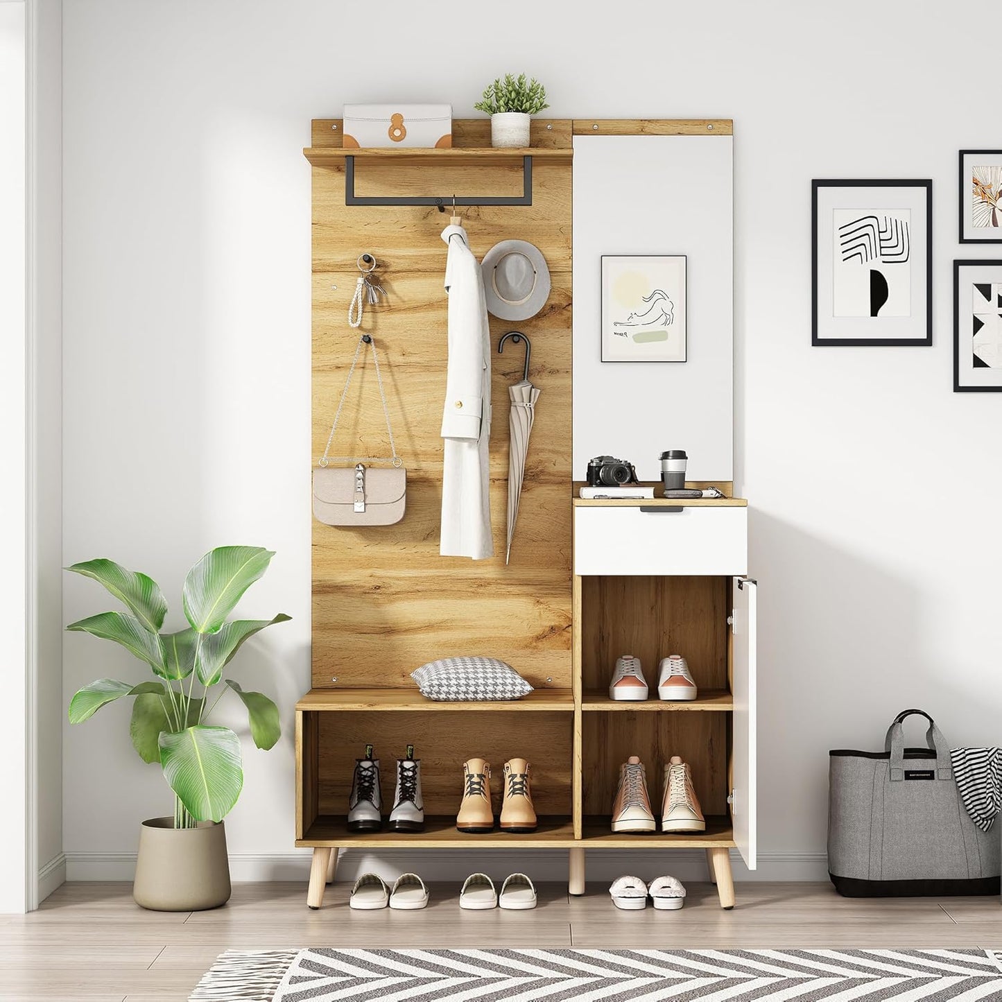Wardrobe Set, Hallway Coat Rack with Padded Storage Bench, Shoe Cabinet with Pegboard, 4 Hooks for Hallway, Entrance Area, 100 x 35 x 180 cm (Teak White)