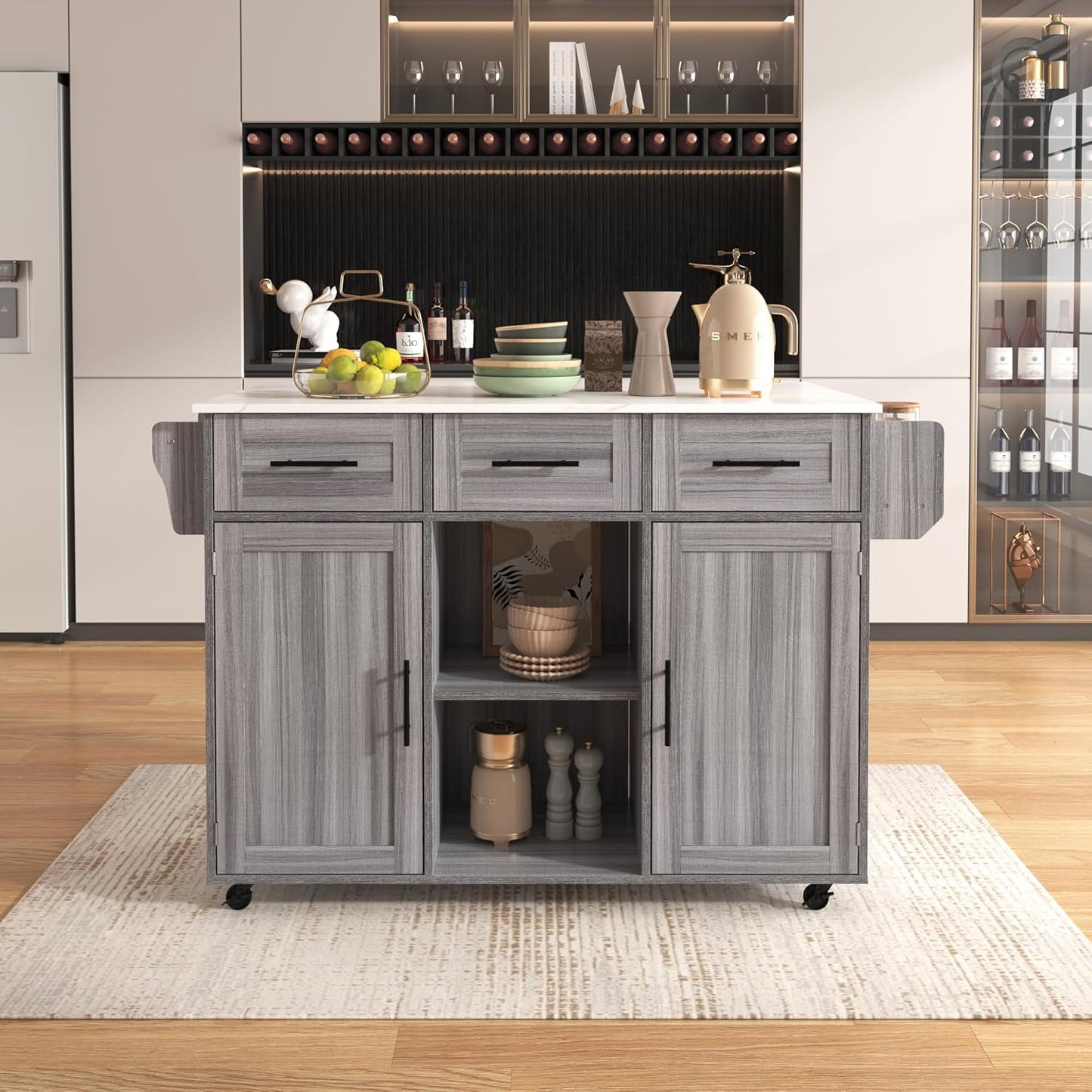Kitchen Island Movable on 5 Wheels, Large Kitchen Trolley Serving Trolley with Folding Worktop, 3 Drawers, 6 Storage Spaces, 2 Storage Doors, Interchangeable Solid Wood Feet for Dining Room,