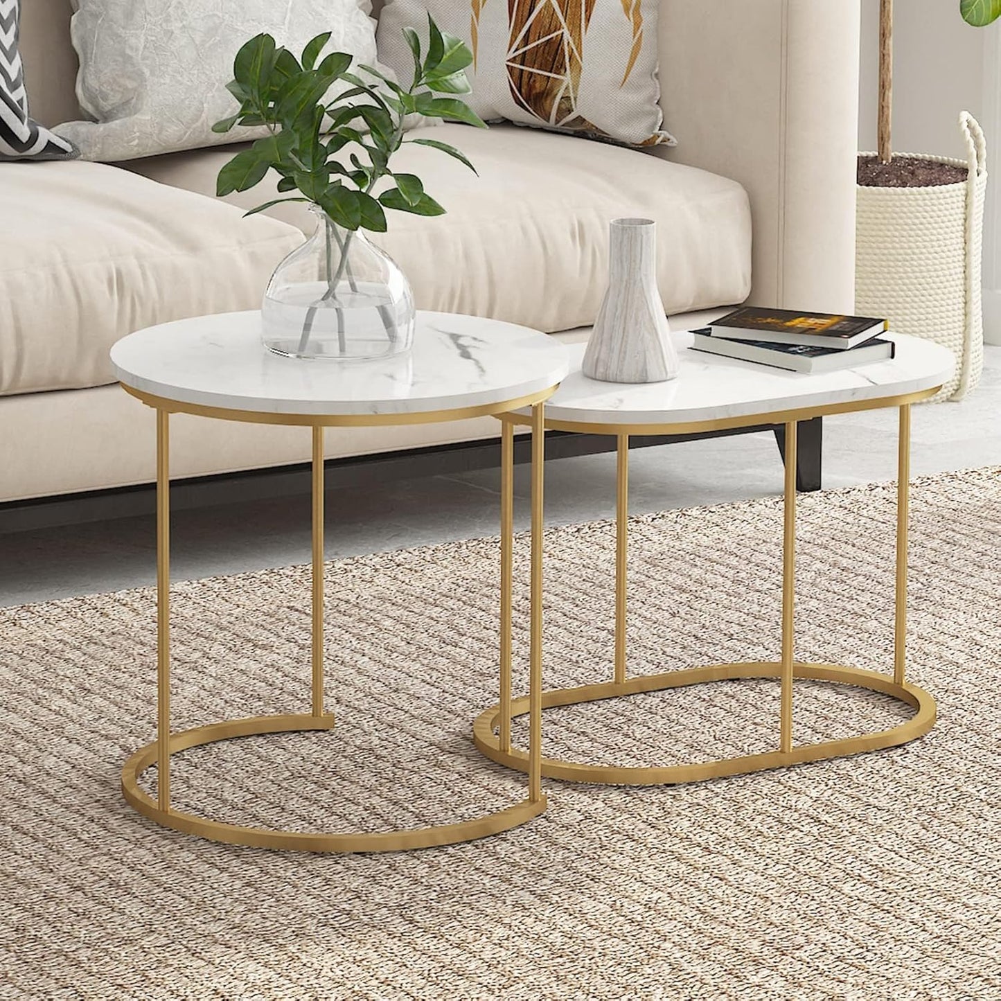 Set of 2 Coffee Tables for Living Room, Side Table Set, Living Room Table, Bedside Table, Plant Table with Metal Frame, Easy Assembly