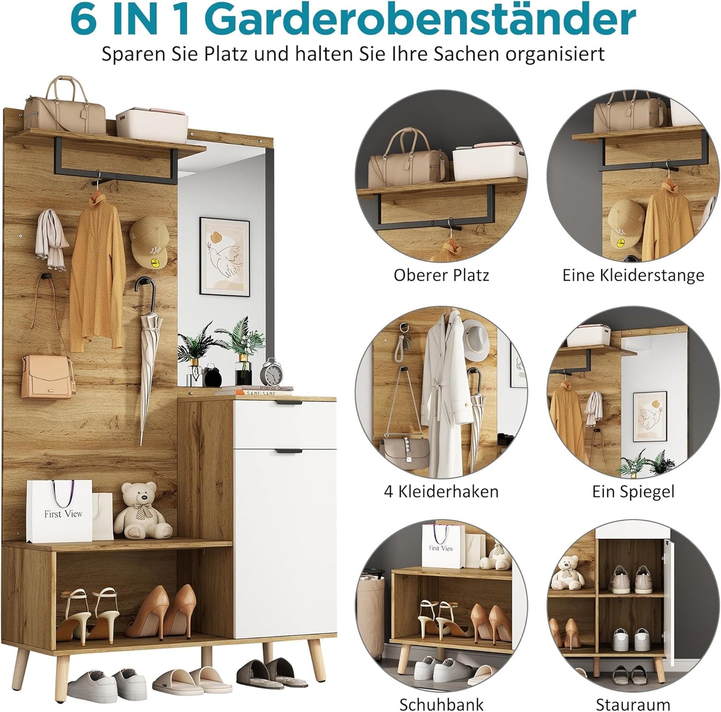 Wardrobe Set, Hallway Coat Rack with Padded Storage Bench, Shoe Cabinet with Pegboard, 4 Hooks for Hallway, Entrance Area, 100 x 35 x 180 cm (Teak White)