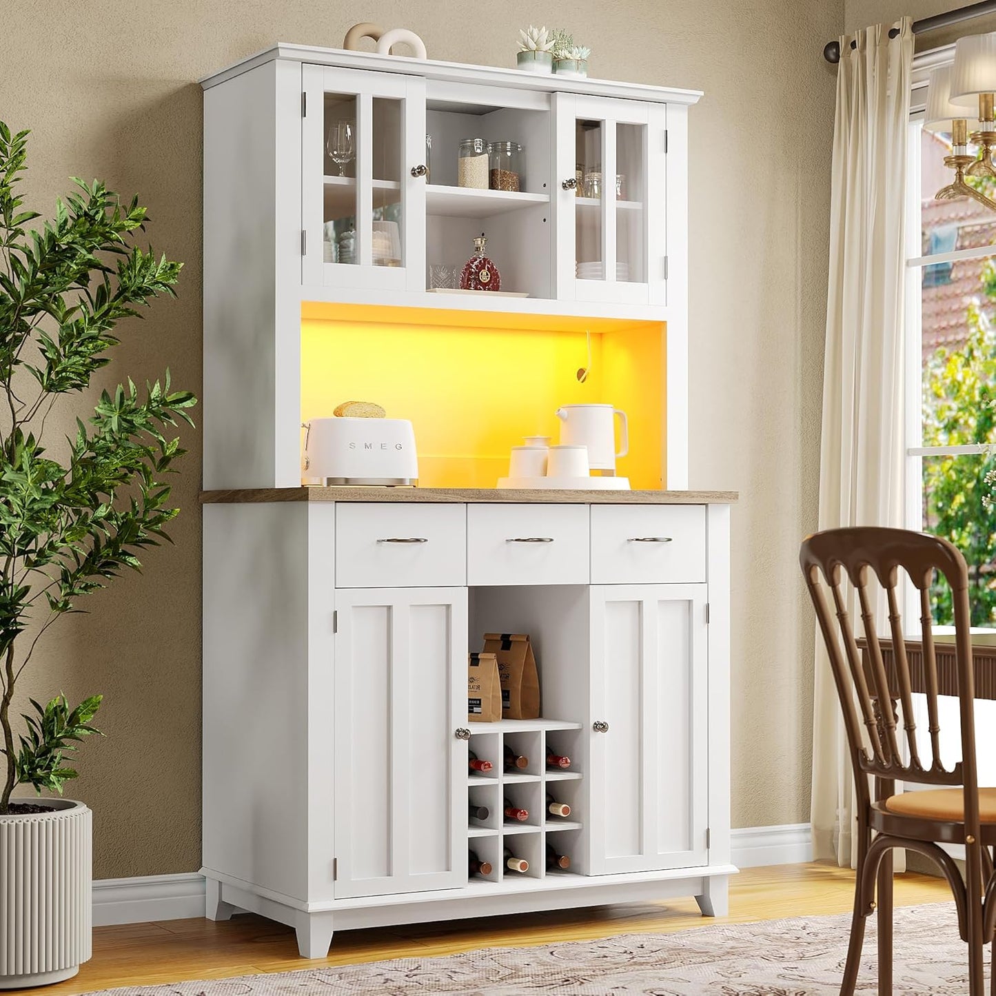 Kitchen Cabinet Tall Cabinet Kitchen Buffet Cabinet Sideboard with Wine Rack Drawers LED Lighting 106 x 40 x 179.5 cm