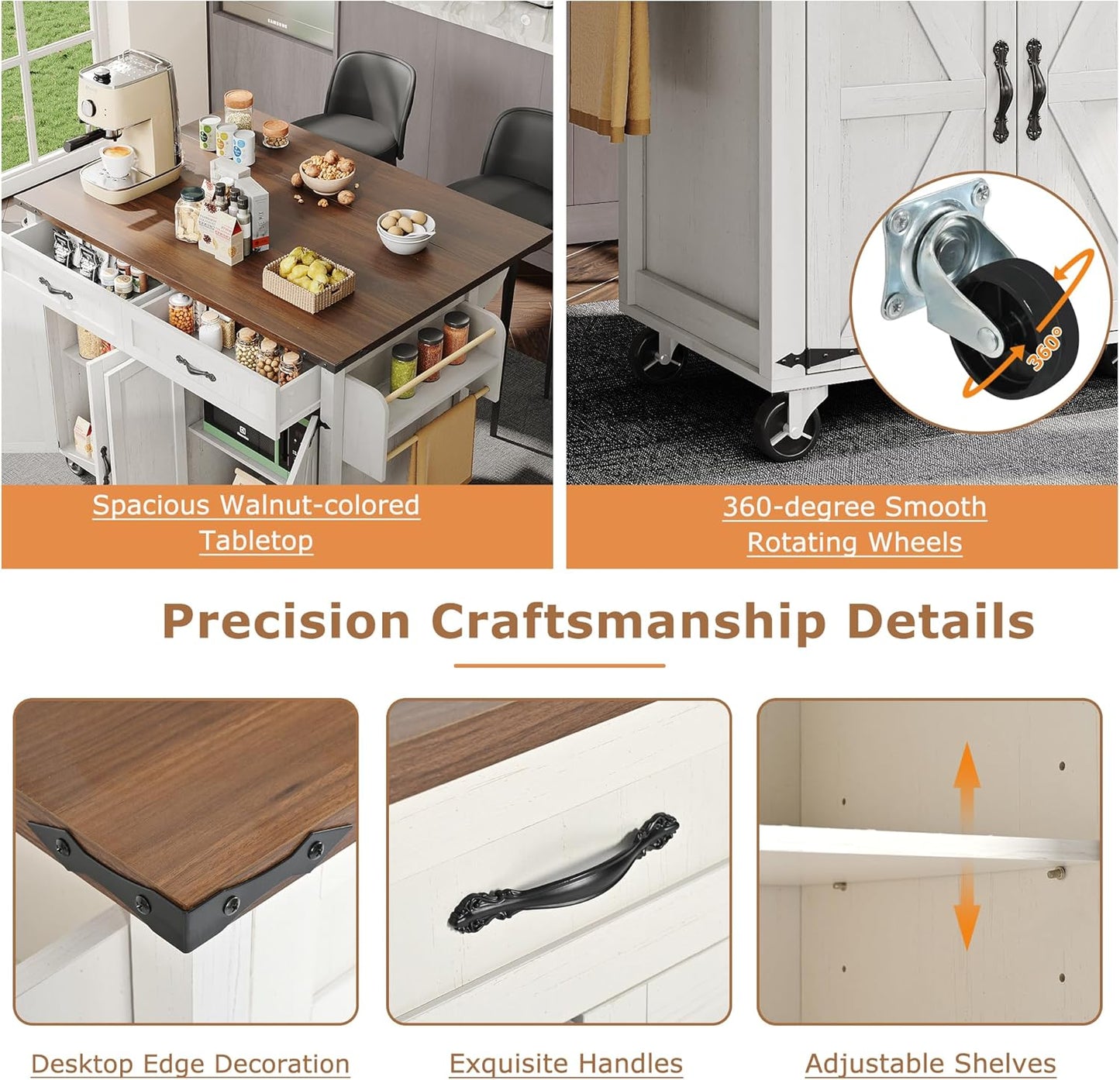 Kitchen Island Serving Trolley with Extendable Worktop, Movable Kitchen Cabinet, Kitchen Trolley, Kitchen Island Trolley, Dining Trolley with 2 Drawers and 4 Doors