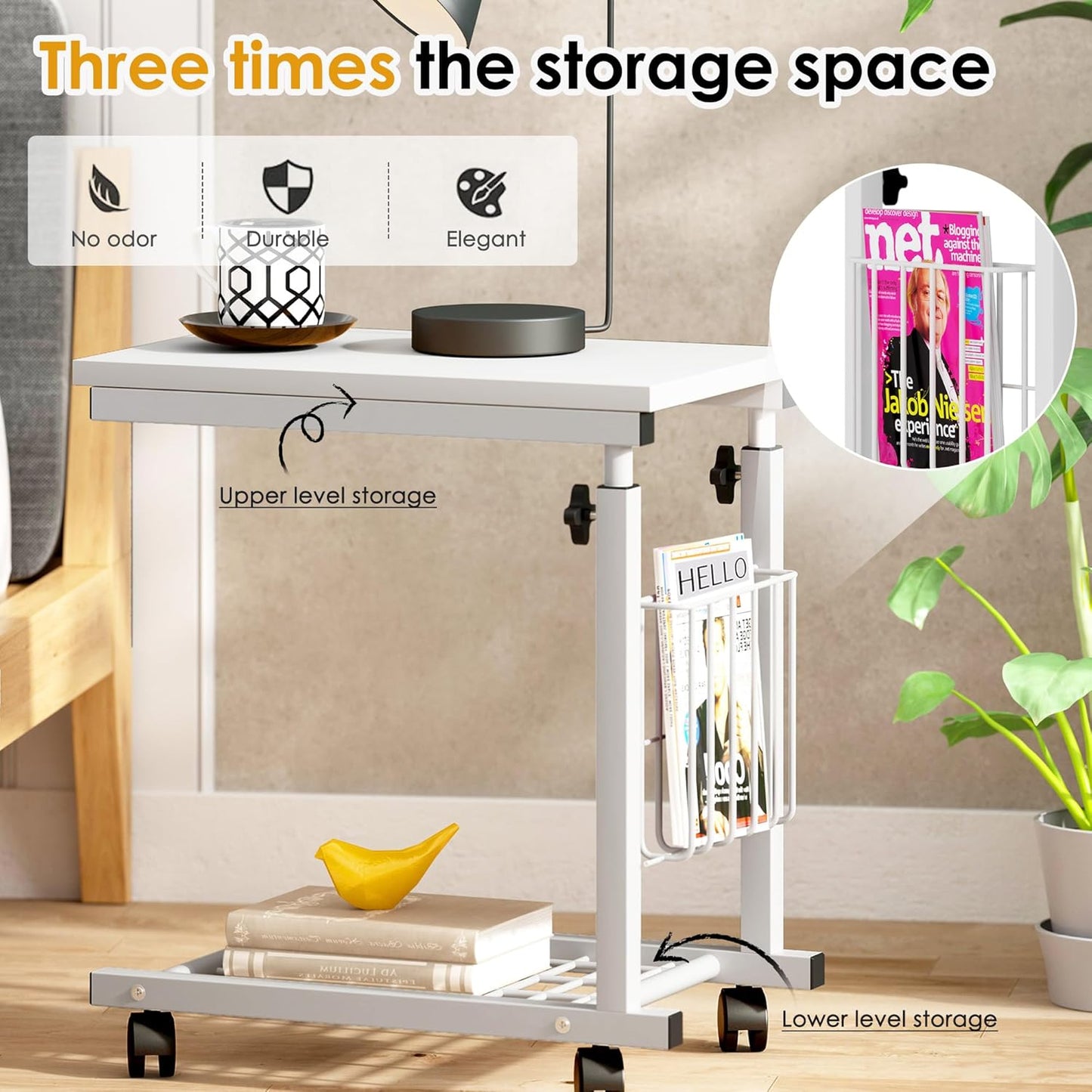 Laptop Table, Side Table, Height Adjustable Table with Wheels, 48 cm x 30 cm, PC Table, Notebook, Sofa Table, Side Table for Coffee/Snack/Storage, Side Table for Home