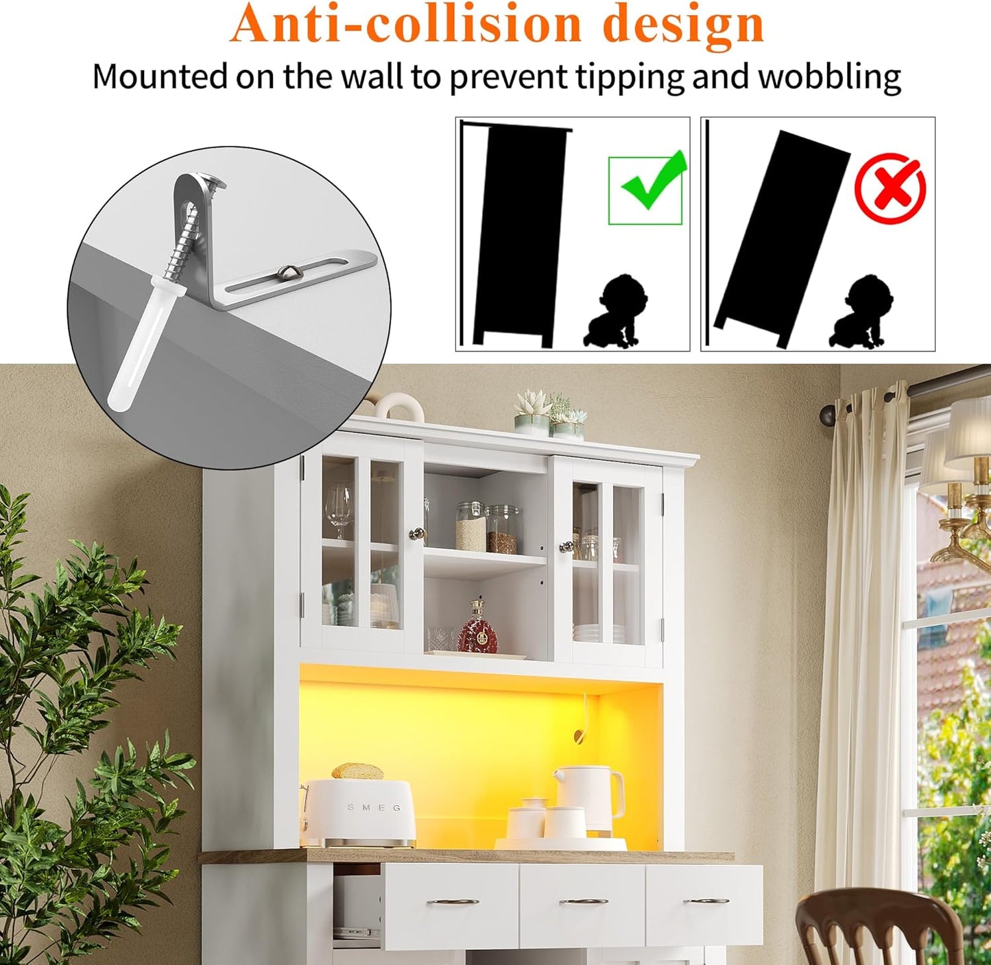 Kitchen Cabinet Tall Cabinet Kitchen Buffet Cabinet Sideboard with Wine Rack Drawers LED Lighting 106 x 40 x 179.5 cm