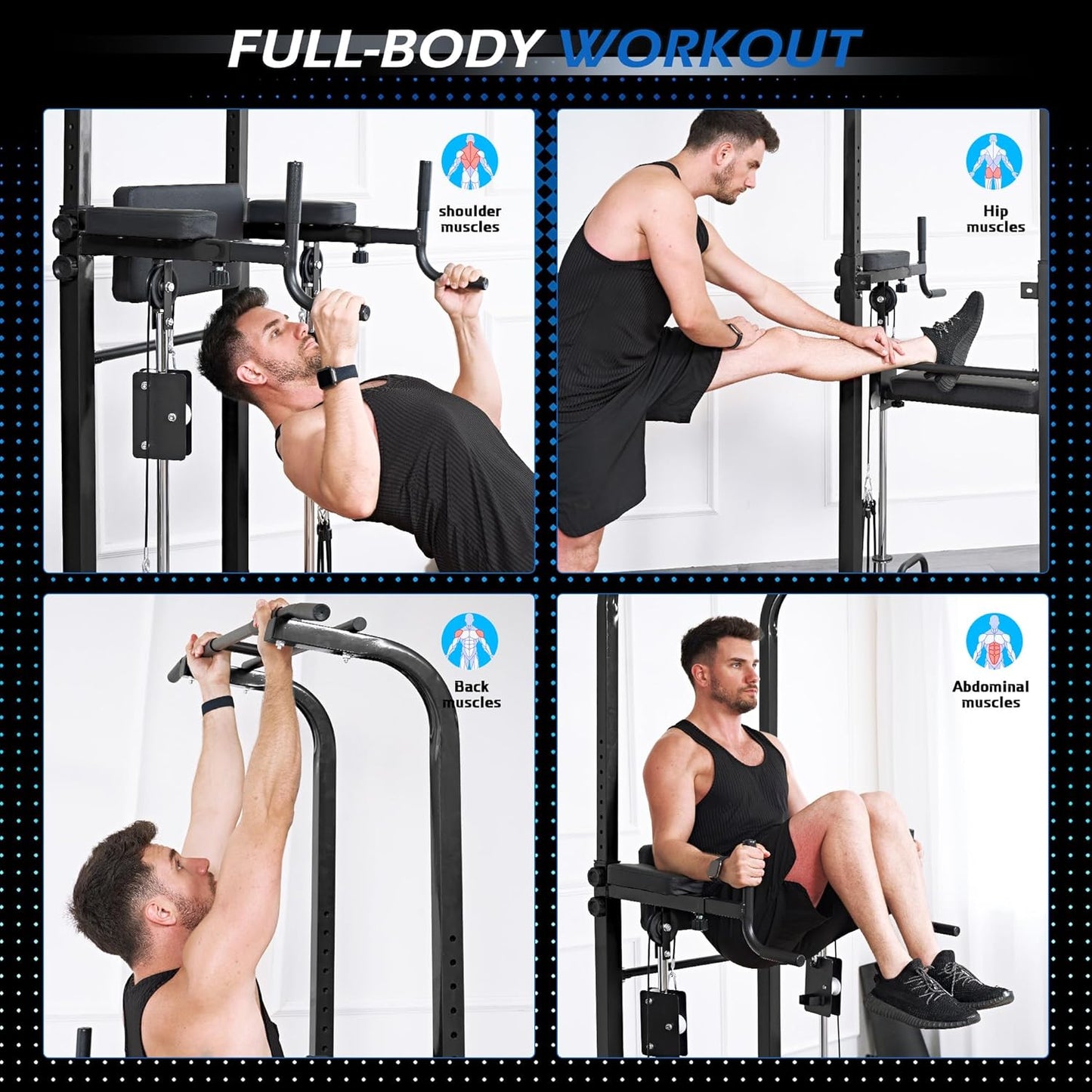 Dip Station Power Tower Pull-Up Bar with Armrest Backrest and Exercise Aid for Home Strength Training, 10 Levels, Height Adjustable, Capacity 200 kg